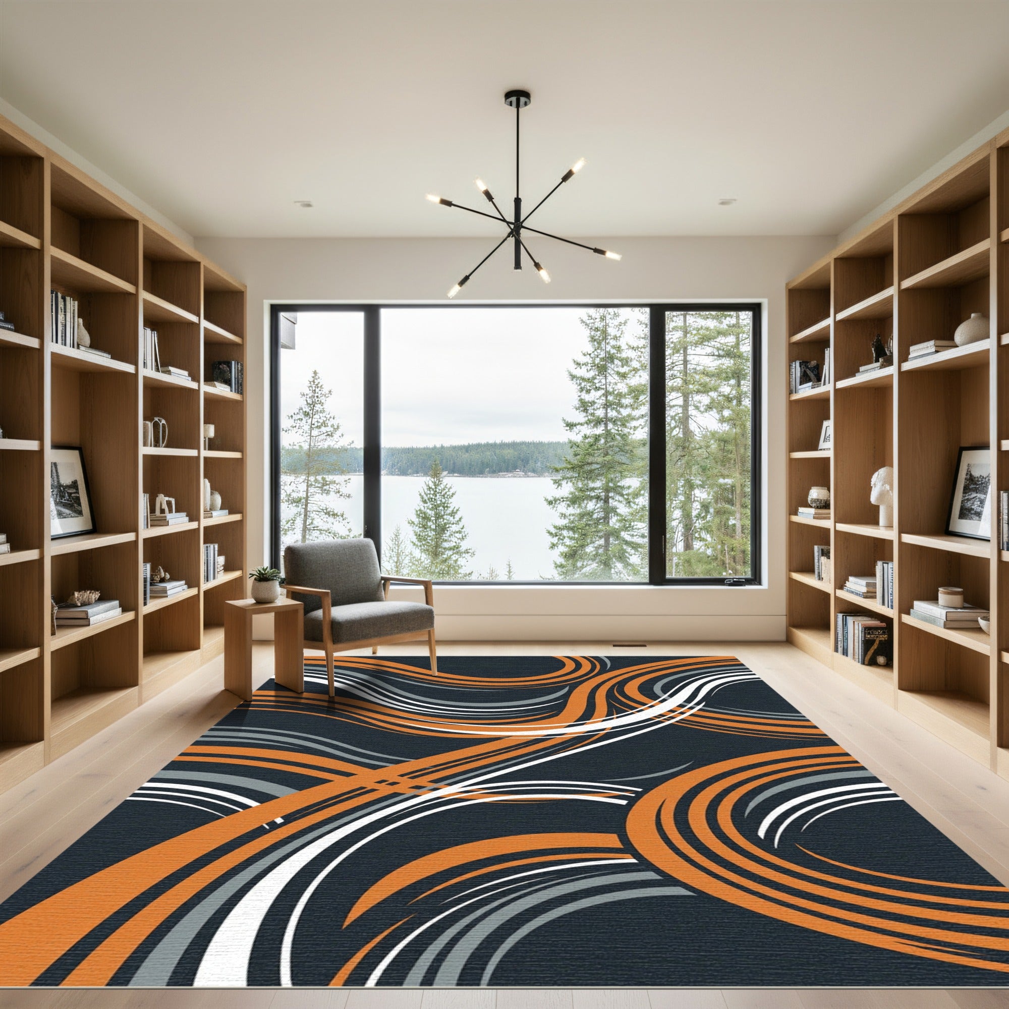Modern Abstract Orange Gray Swirl Rug