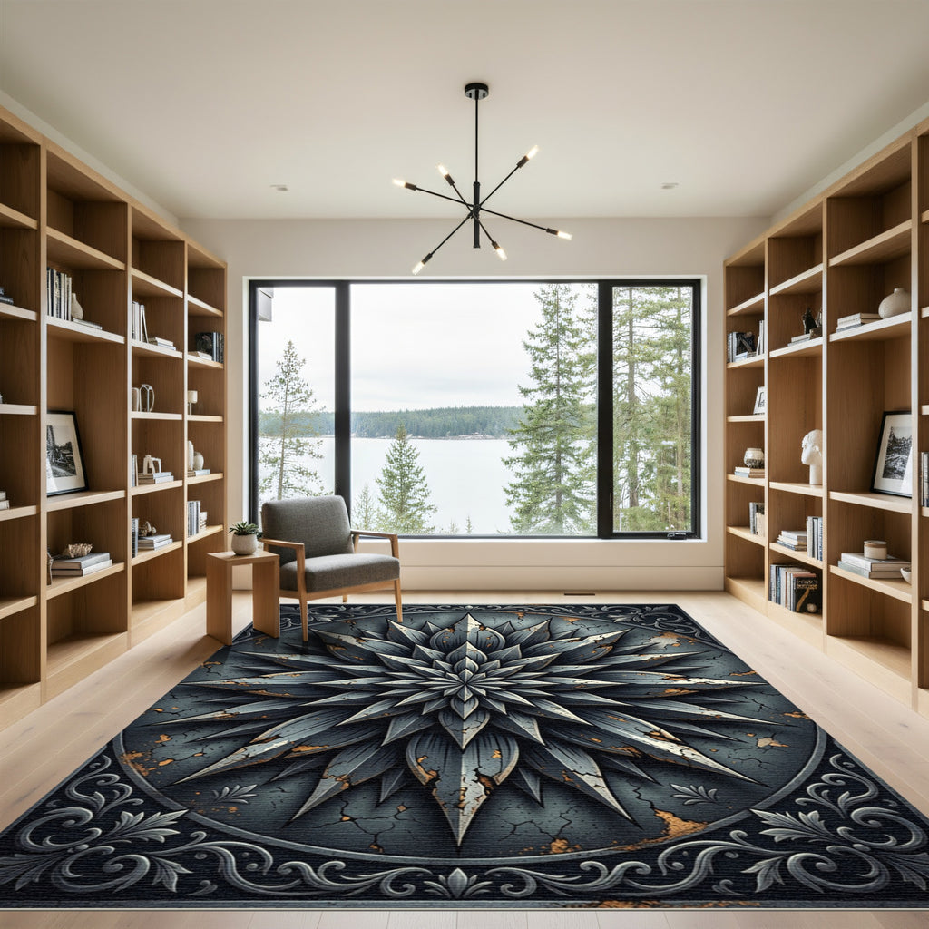 Distressed Gray Metallic Starburst Medallion Rug