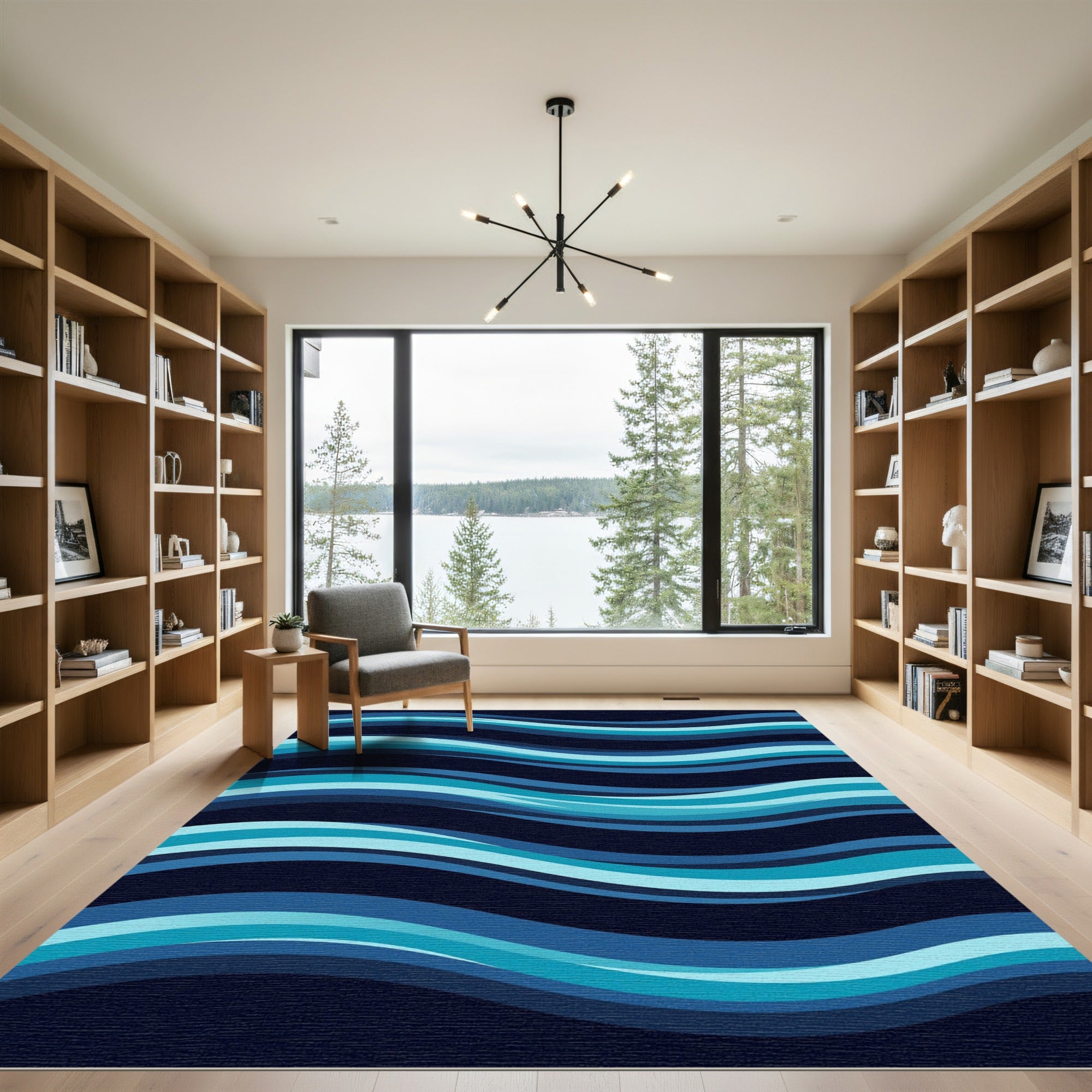 Deep Blue Abstract Wave Modern Rug