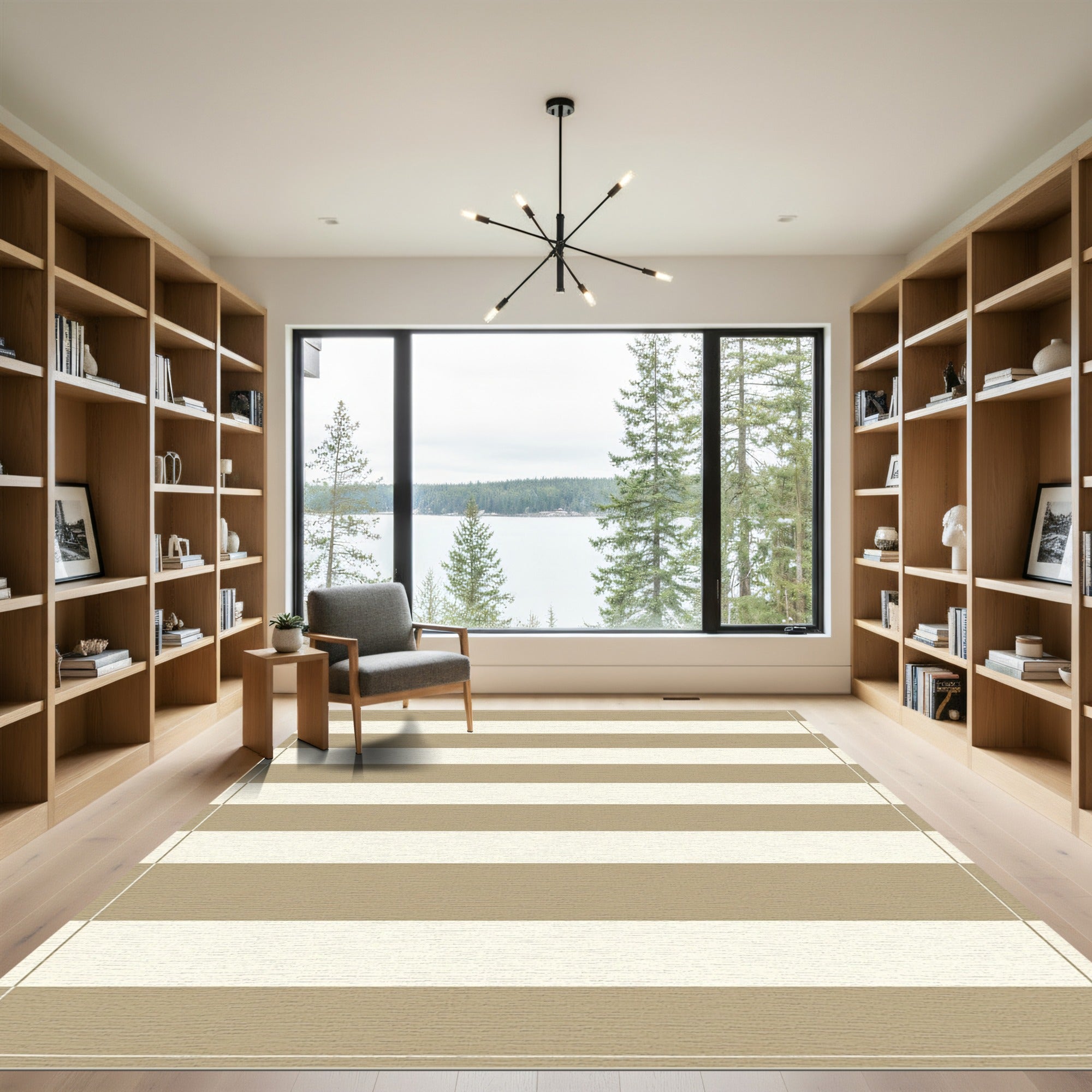 Earthy Taupe Cream Wide Stripe Rug