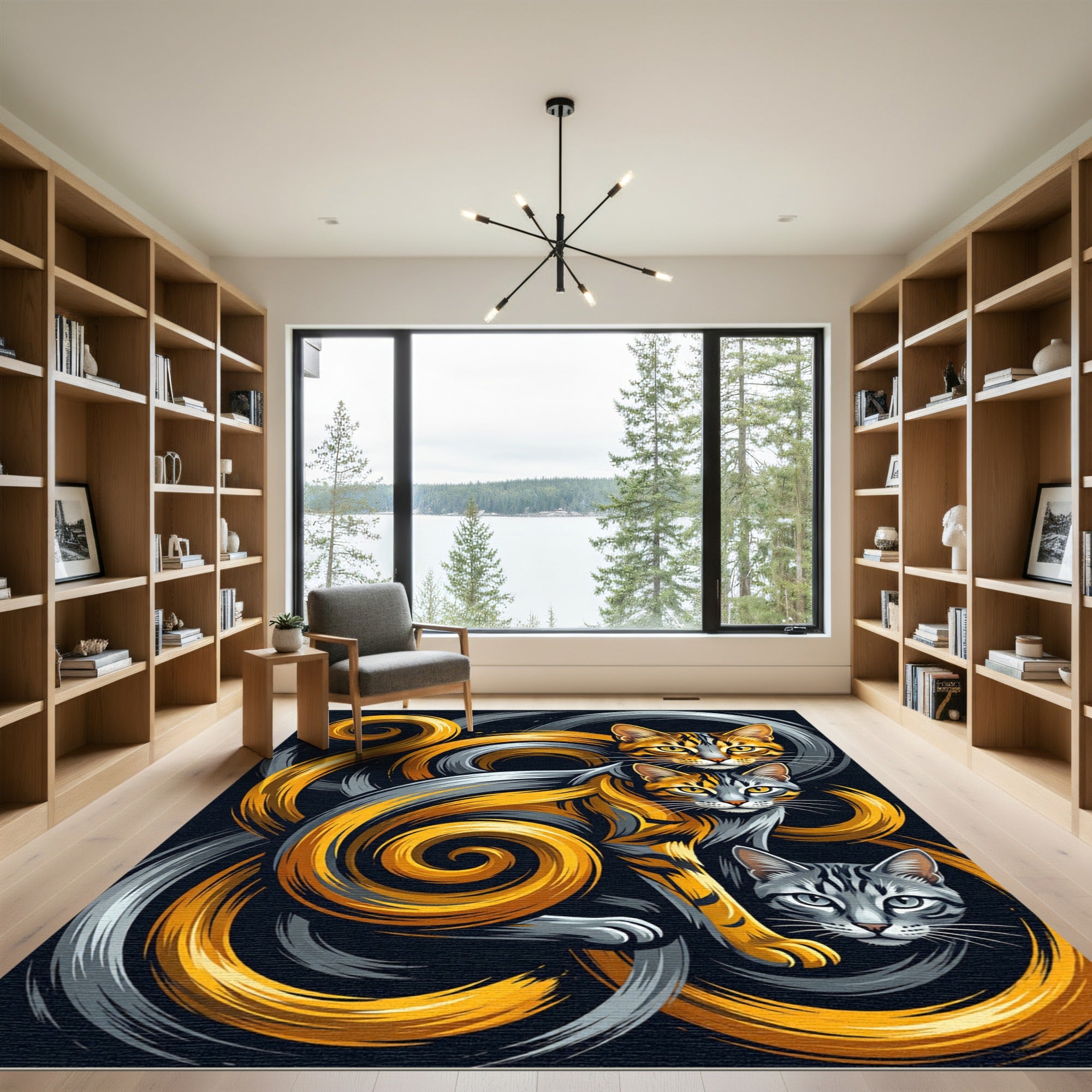 Dynamic Orange Gray Swirl Cats Rug