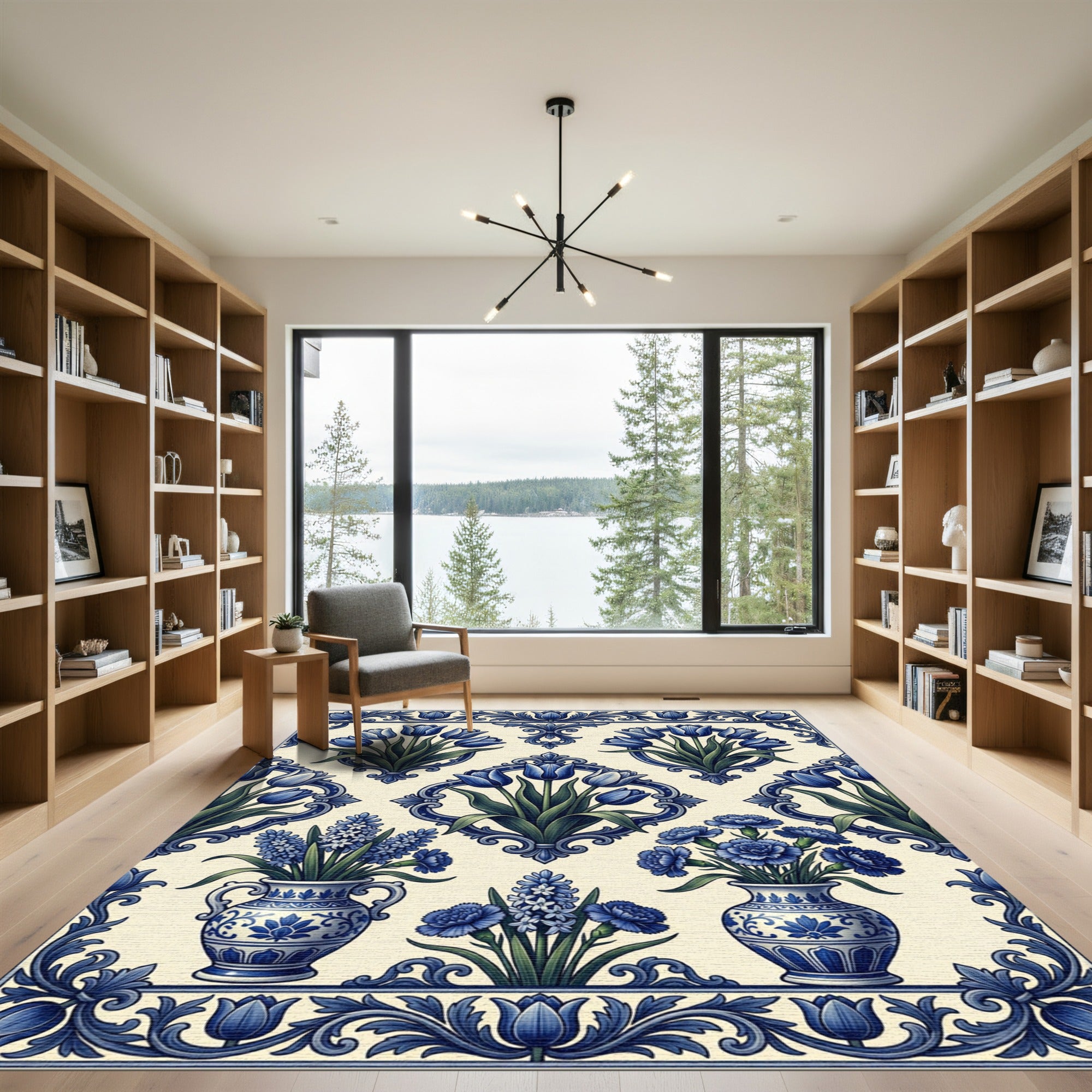 Blue Floral Delft Tulip Porcelain Arrangement Rug