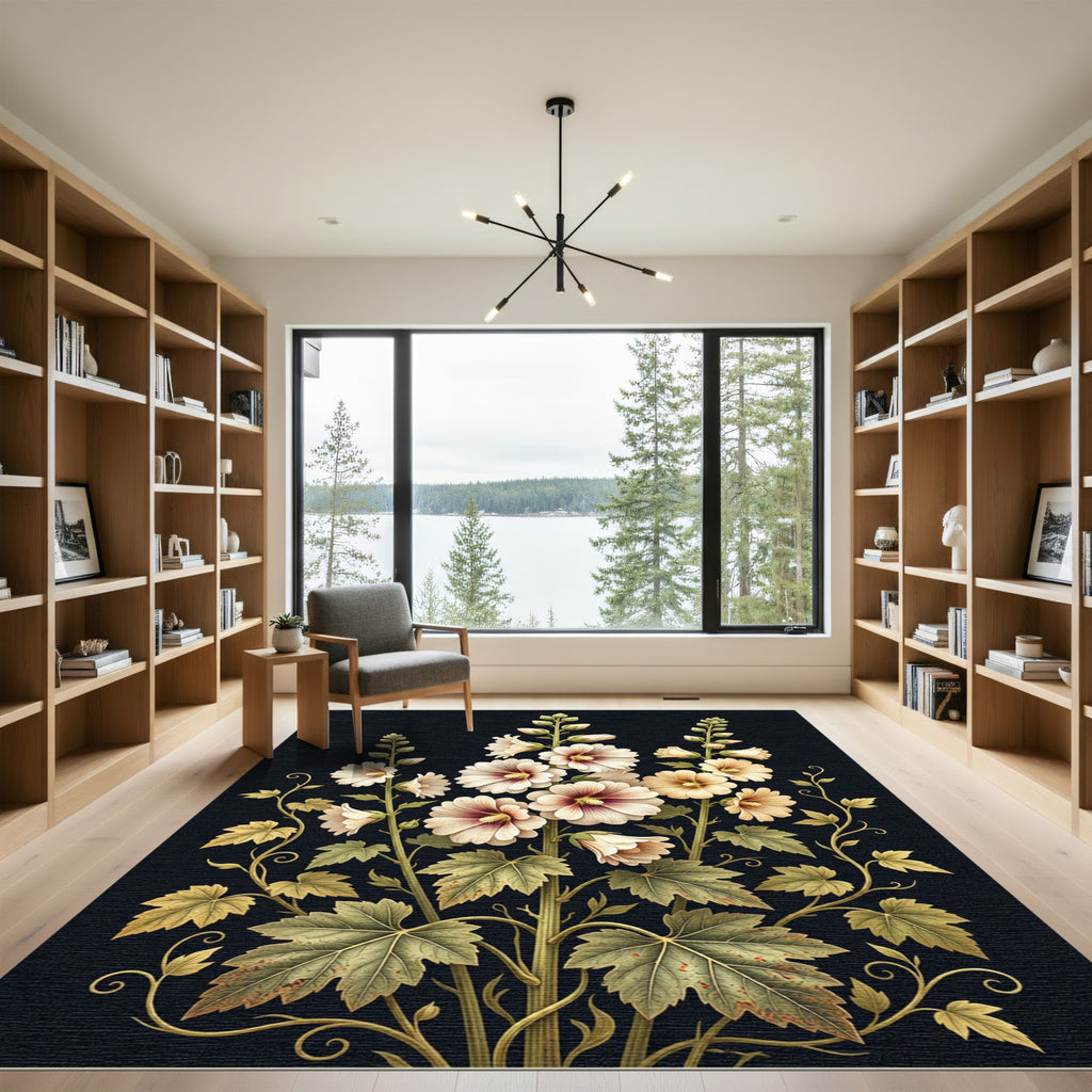 Cream Pink Hibiscus Botanical Illustration Rug