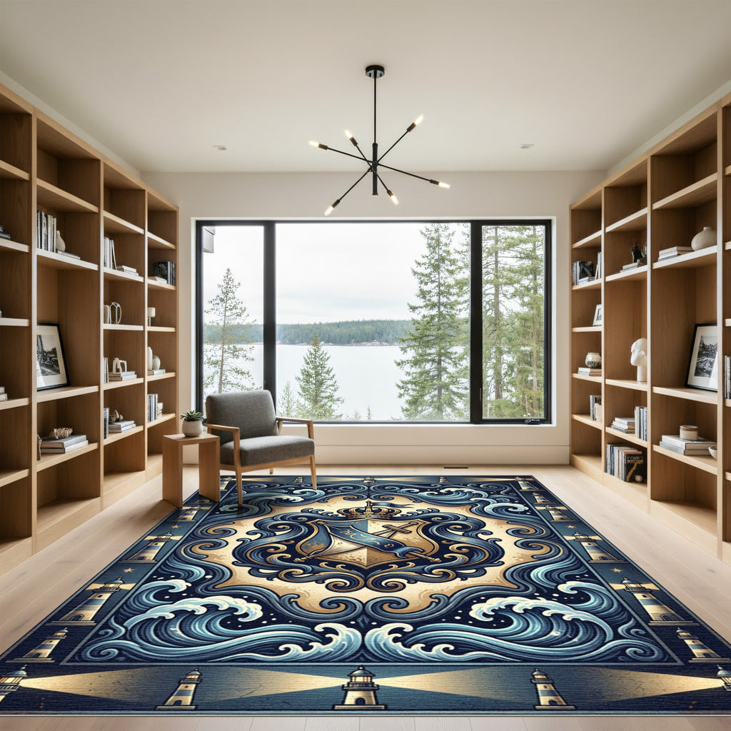Regal Navy Gold Lighthouse Crest Rug