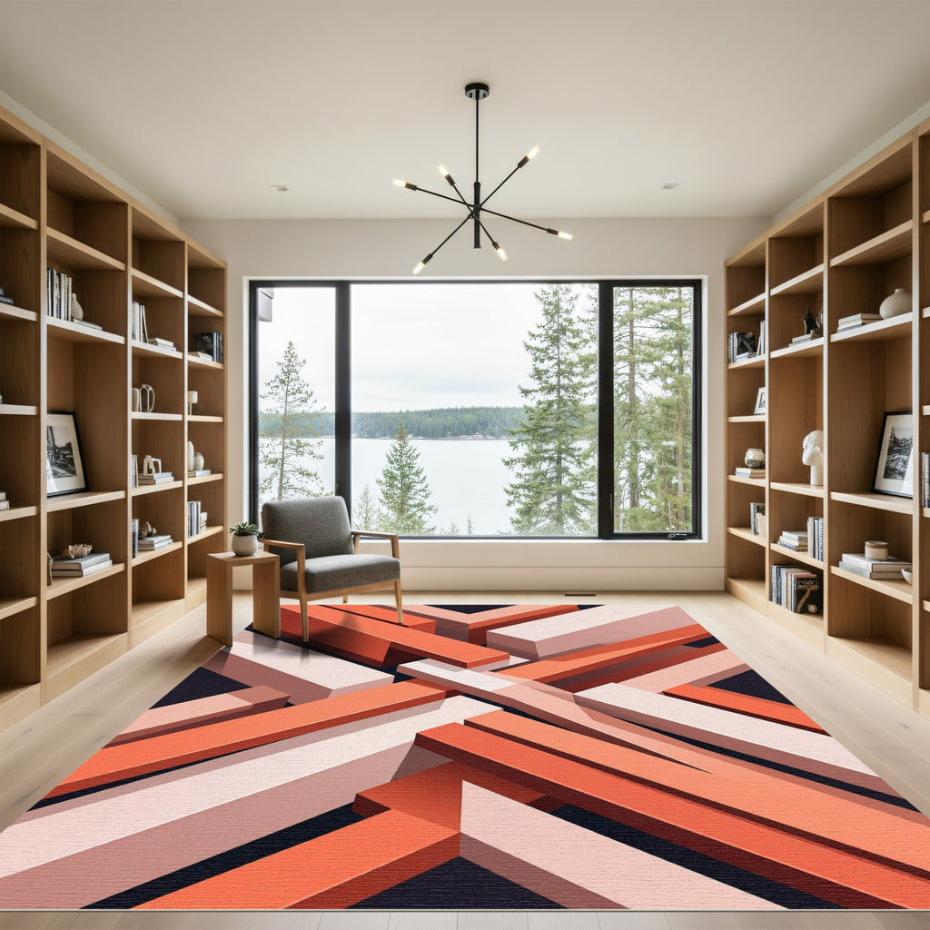 Modern Coral Geometric Intersecting Lines Rug