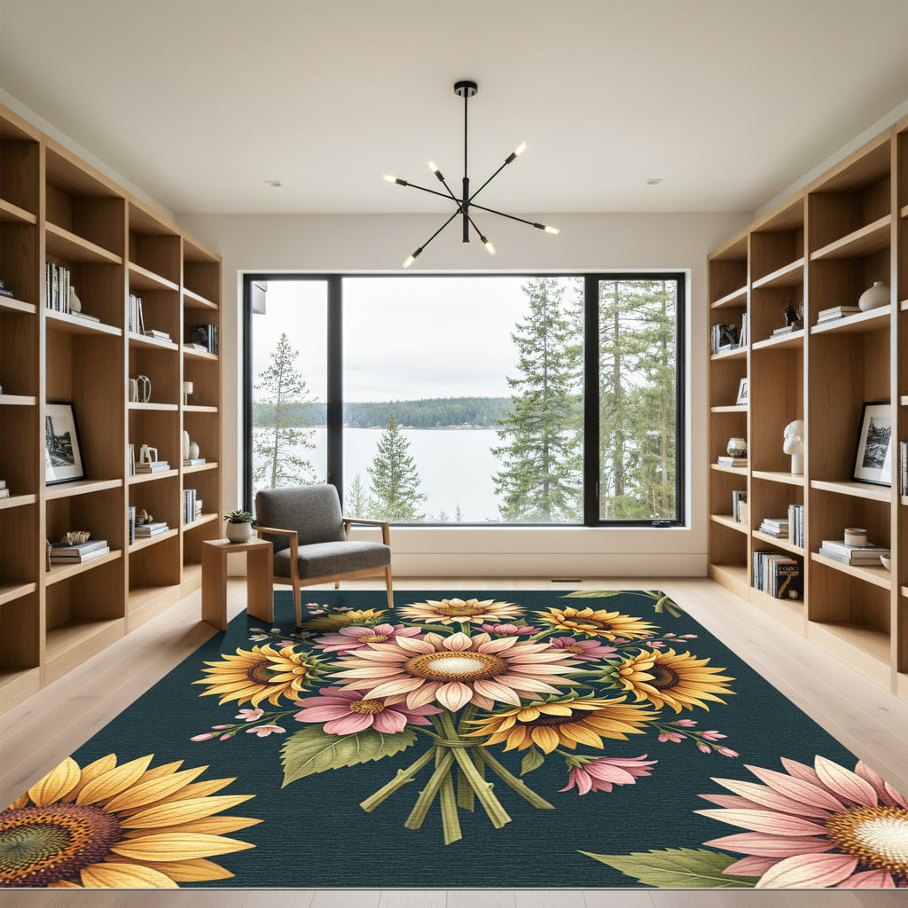 Vibrant Sunflower and Pink Blossom Bouquet Rug