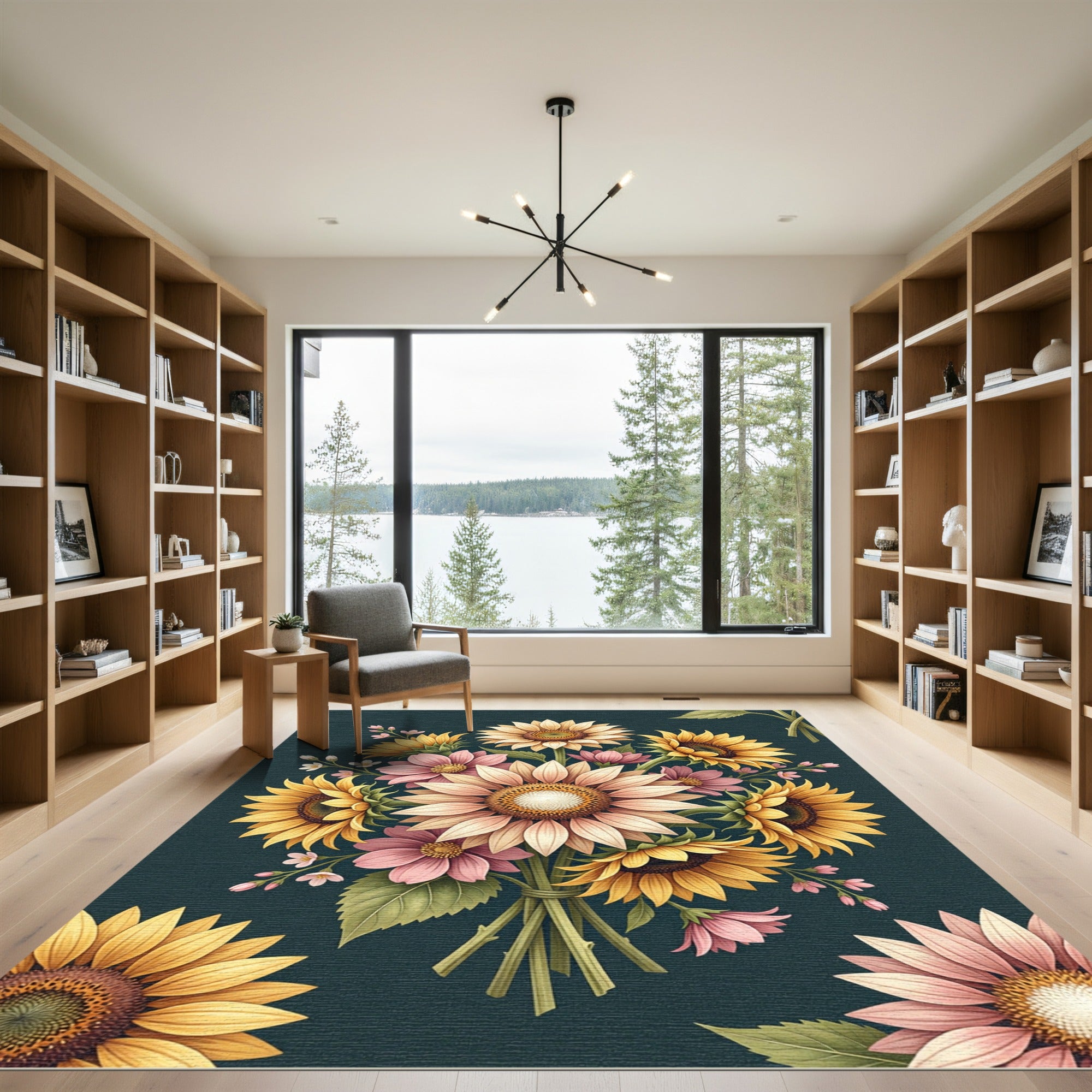 Vibrant Sunflower and Pink Blossom Bouquet Rug