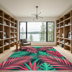 Vibrant Coral and Teal Tropical Foliage Rug