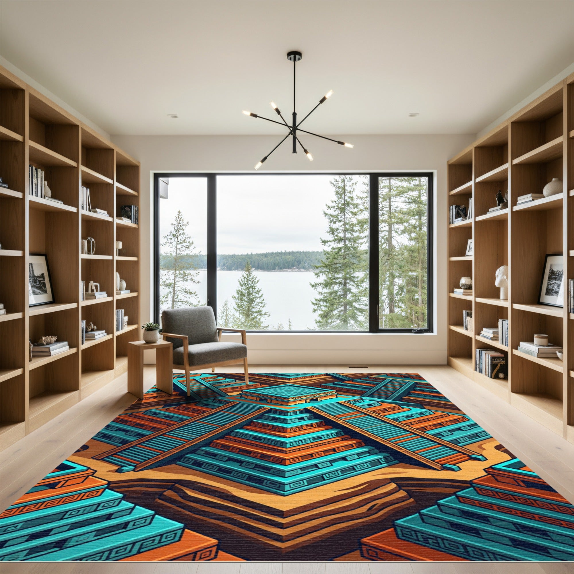 Isometric Aztec Teal and Orange Pyramid Rug