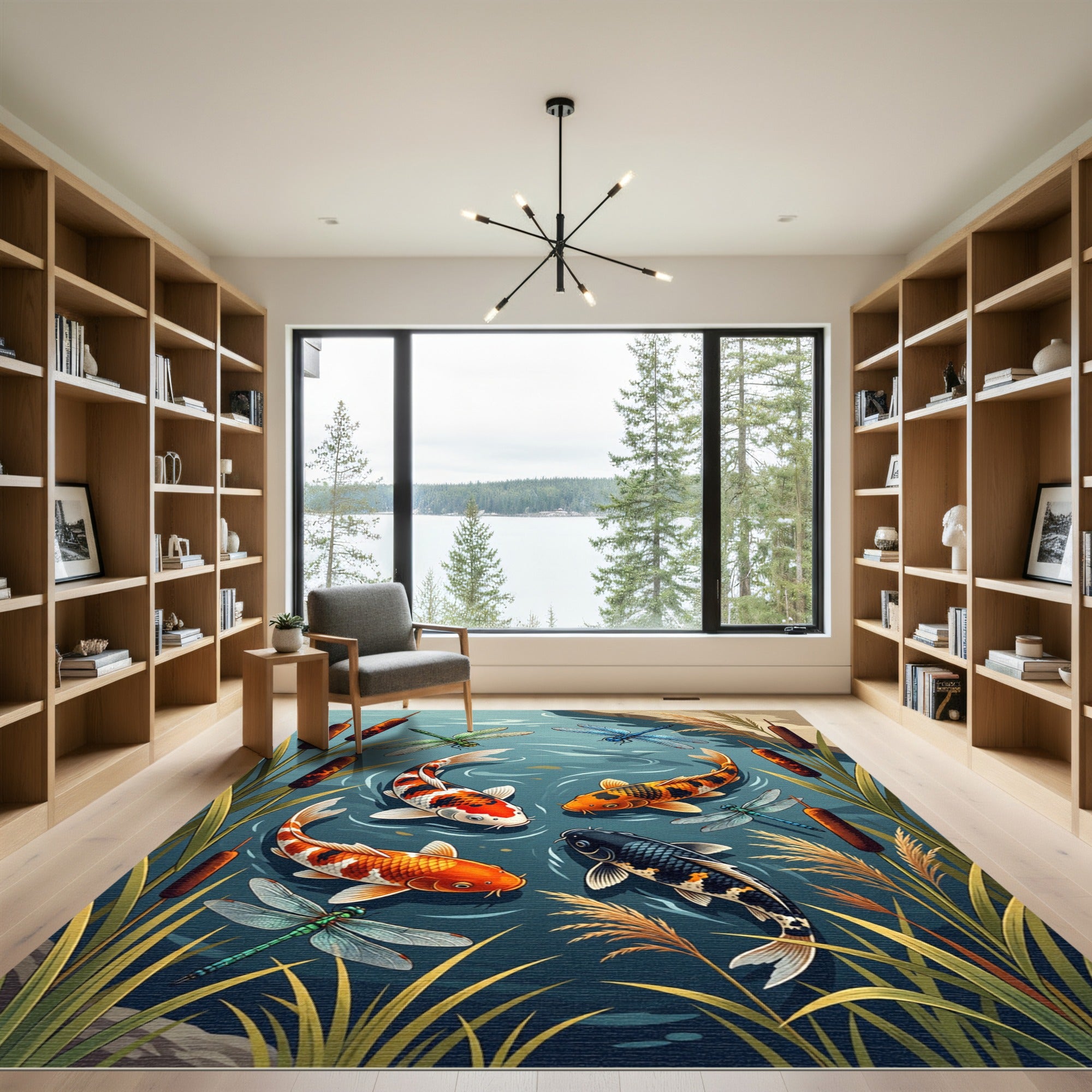 Vibrant Koi Pond and Dragonfly Scene Rug