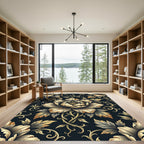 Vintage Gold Floral Black Damask Rug
