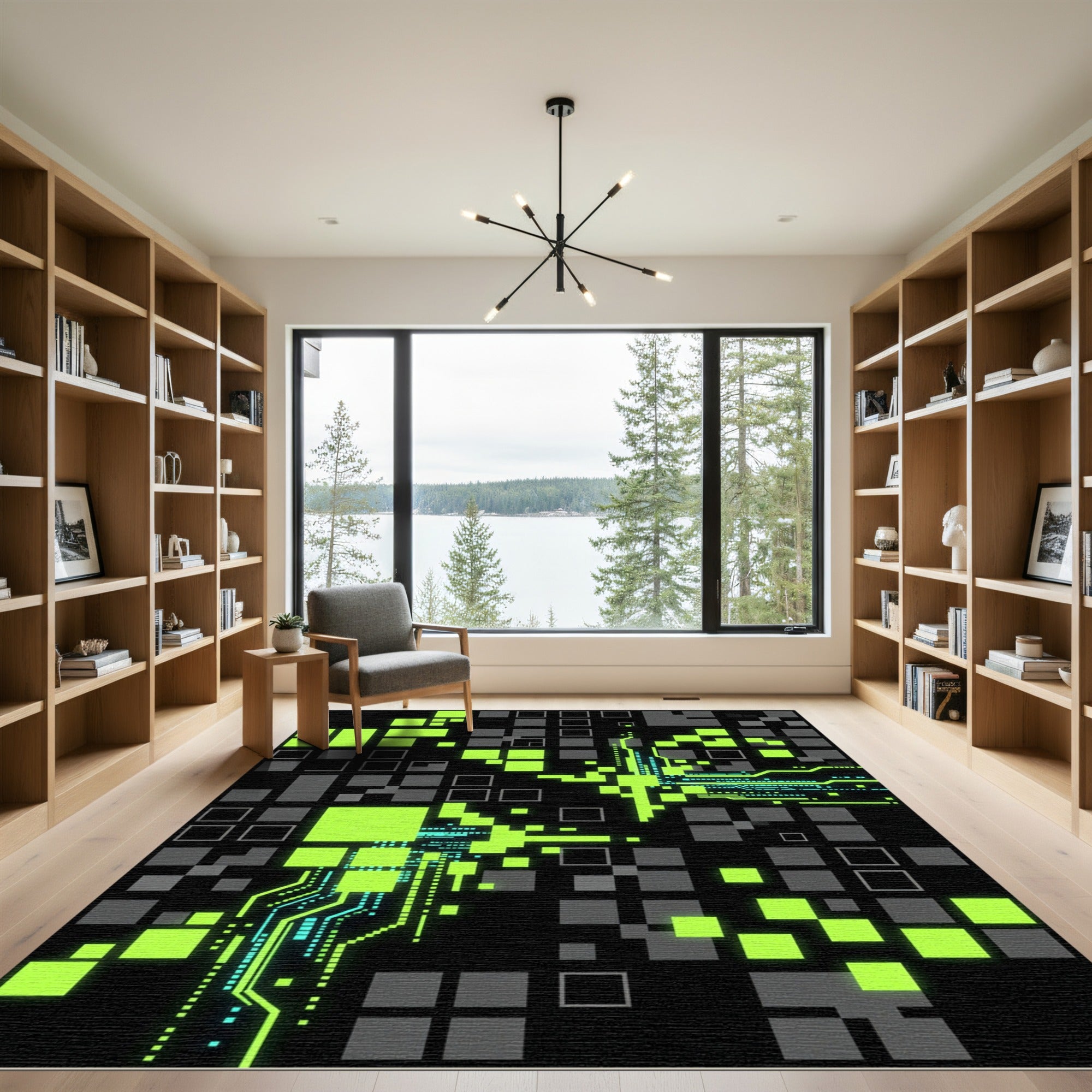 Neon Green Cyber Digital Geometric Grid Rug
