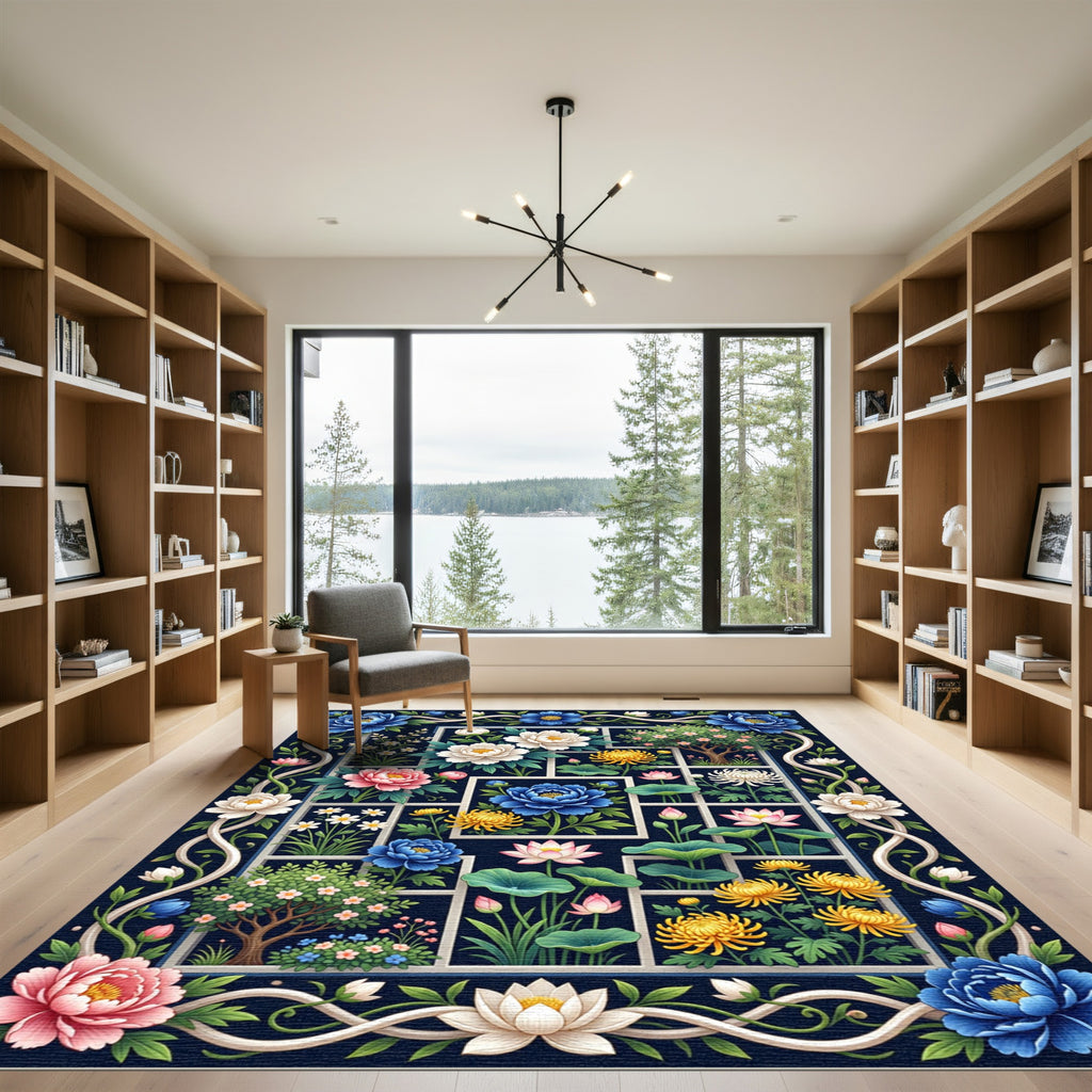 Lush Navy Botanical Grid Floral Art Rug