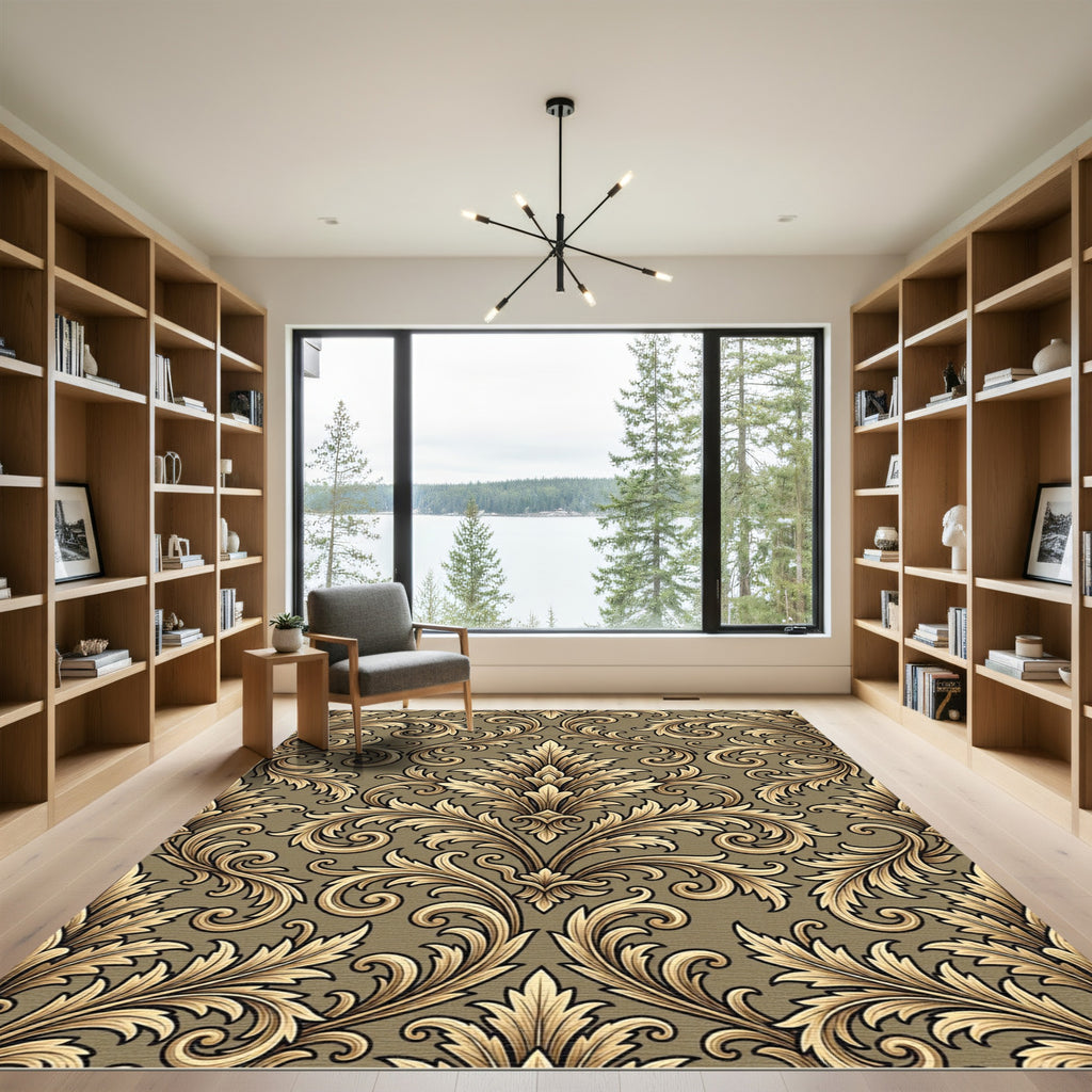 Golden Baroque Damask Foliage Scrollwork Rug