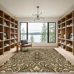 Golden Baroque Damask Foliage Scrollwork Rug