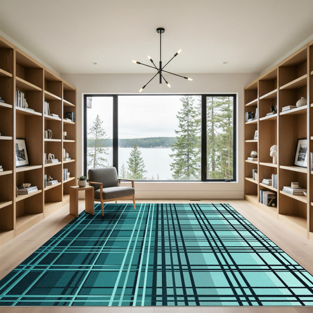 Deep Teal Plaid Gradient Grid Rug