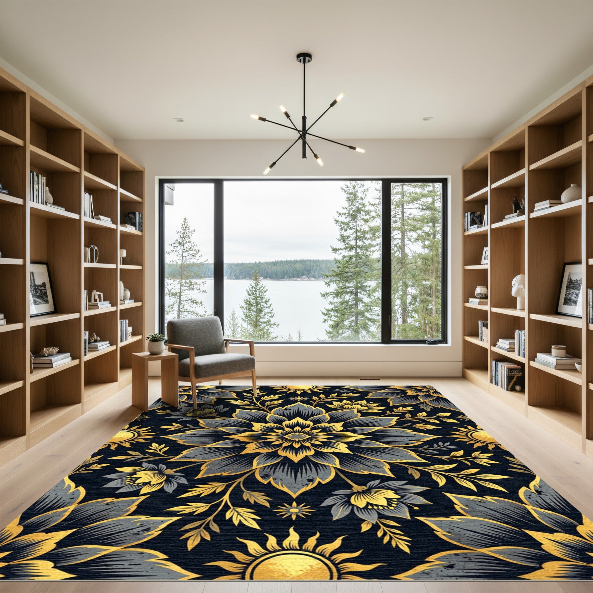 Golden Floral Medallion on Charcoal Rug