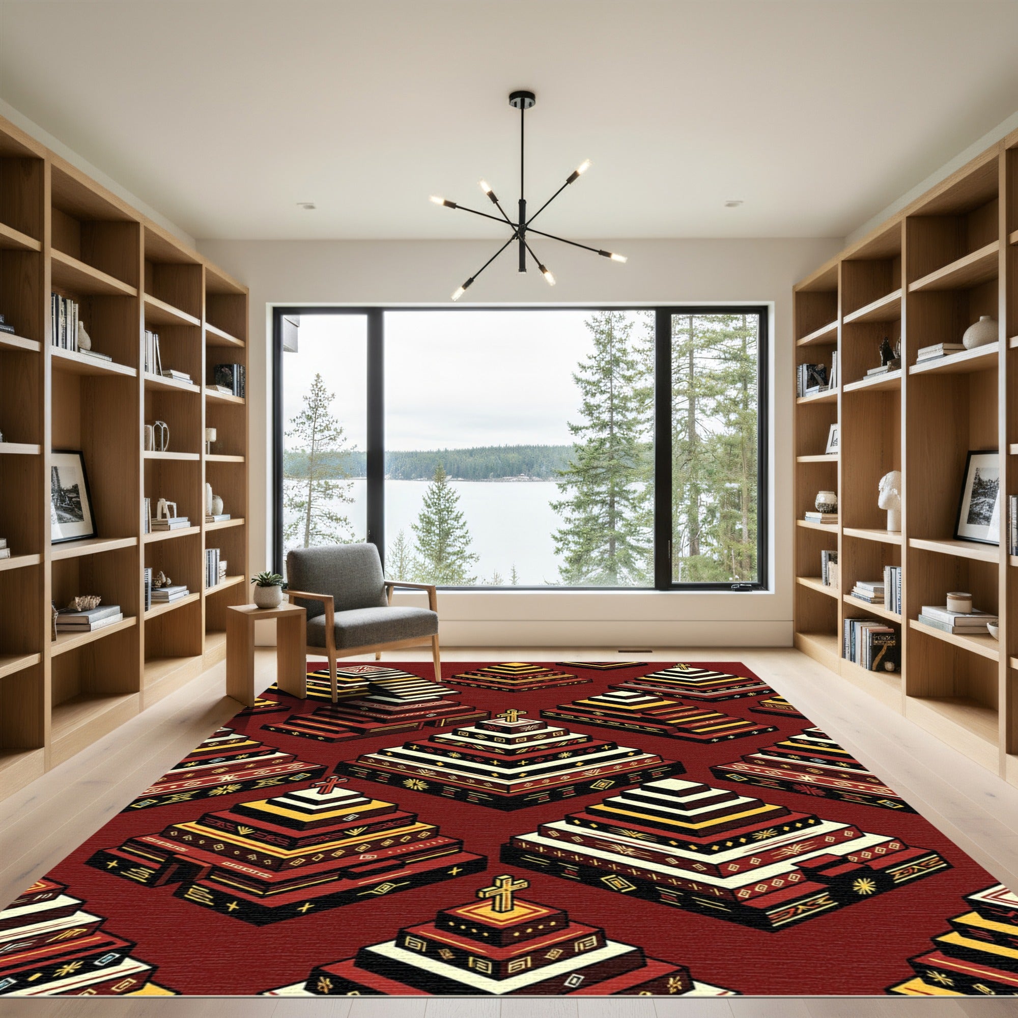 Red Yellow Geometric Tiered Symbol Rug