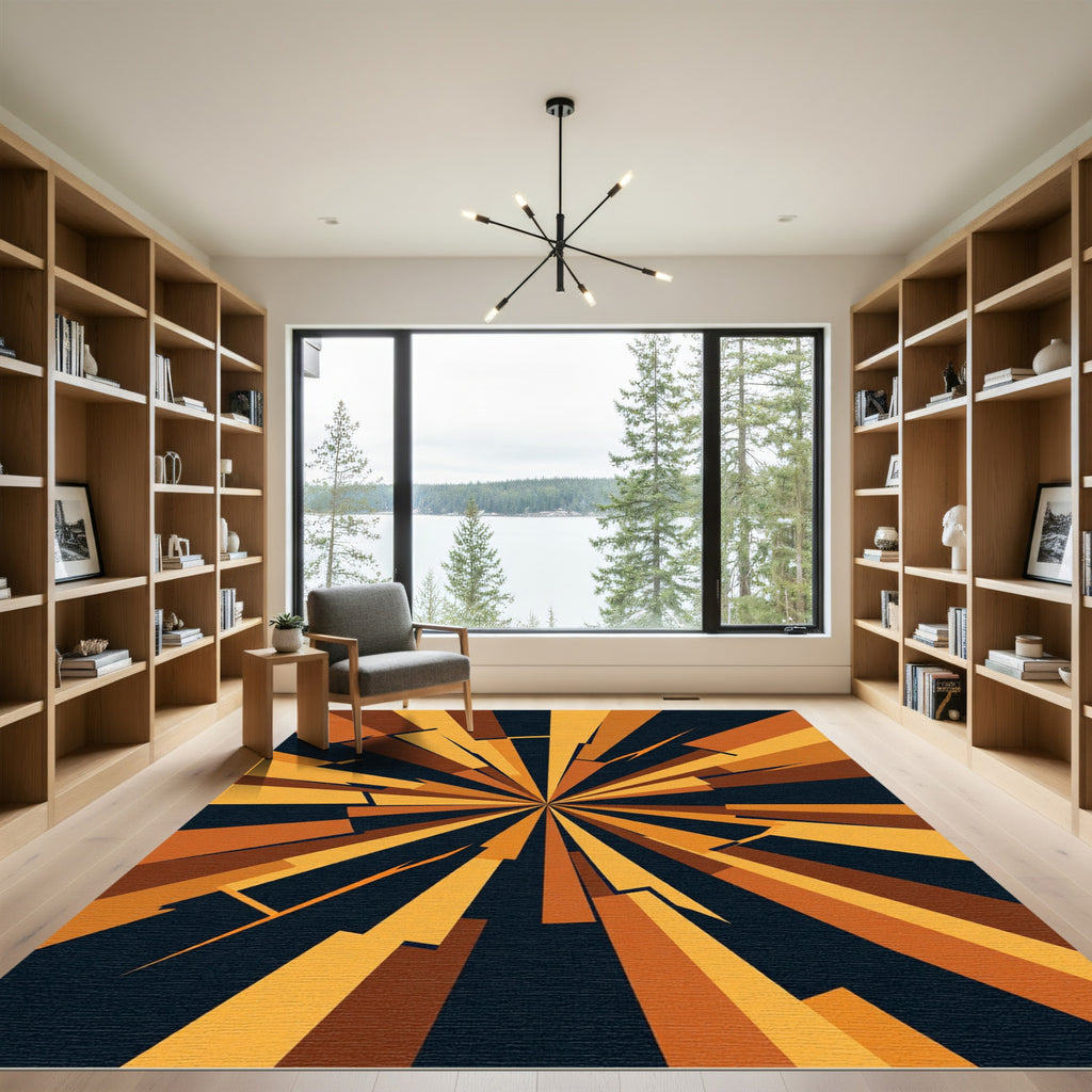 Golden Geometric Sunburst Abstract Rays Rug