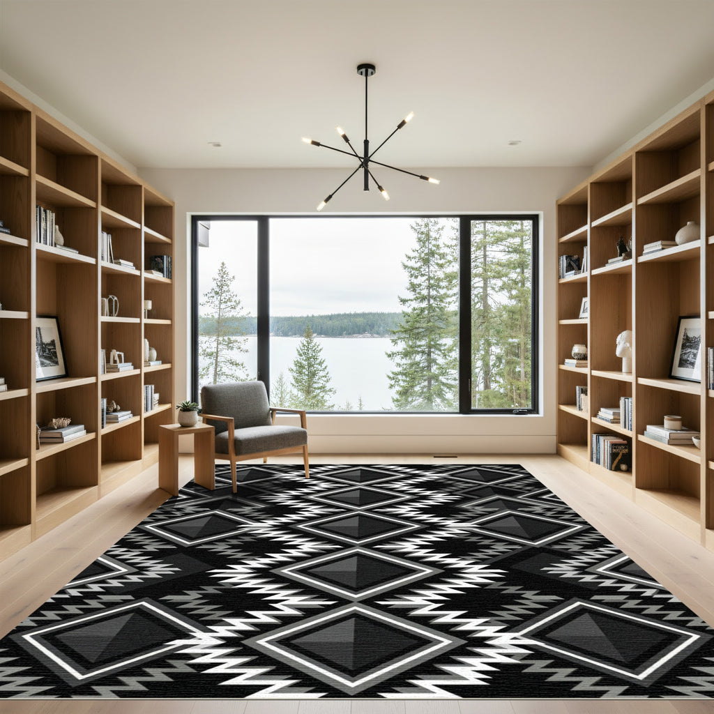 Bold Black White Diamond Zigzag Rug