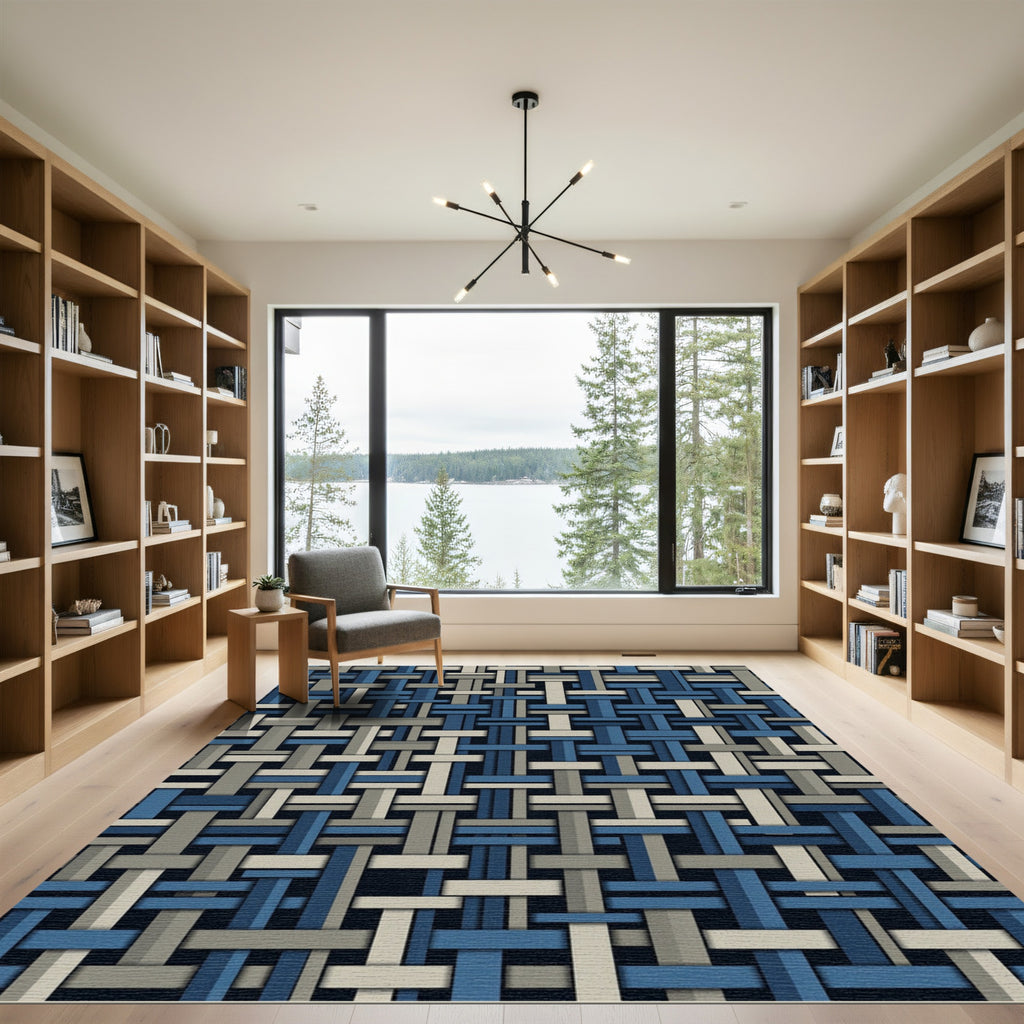 Navy and Beige Woven Grid Texture Rug