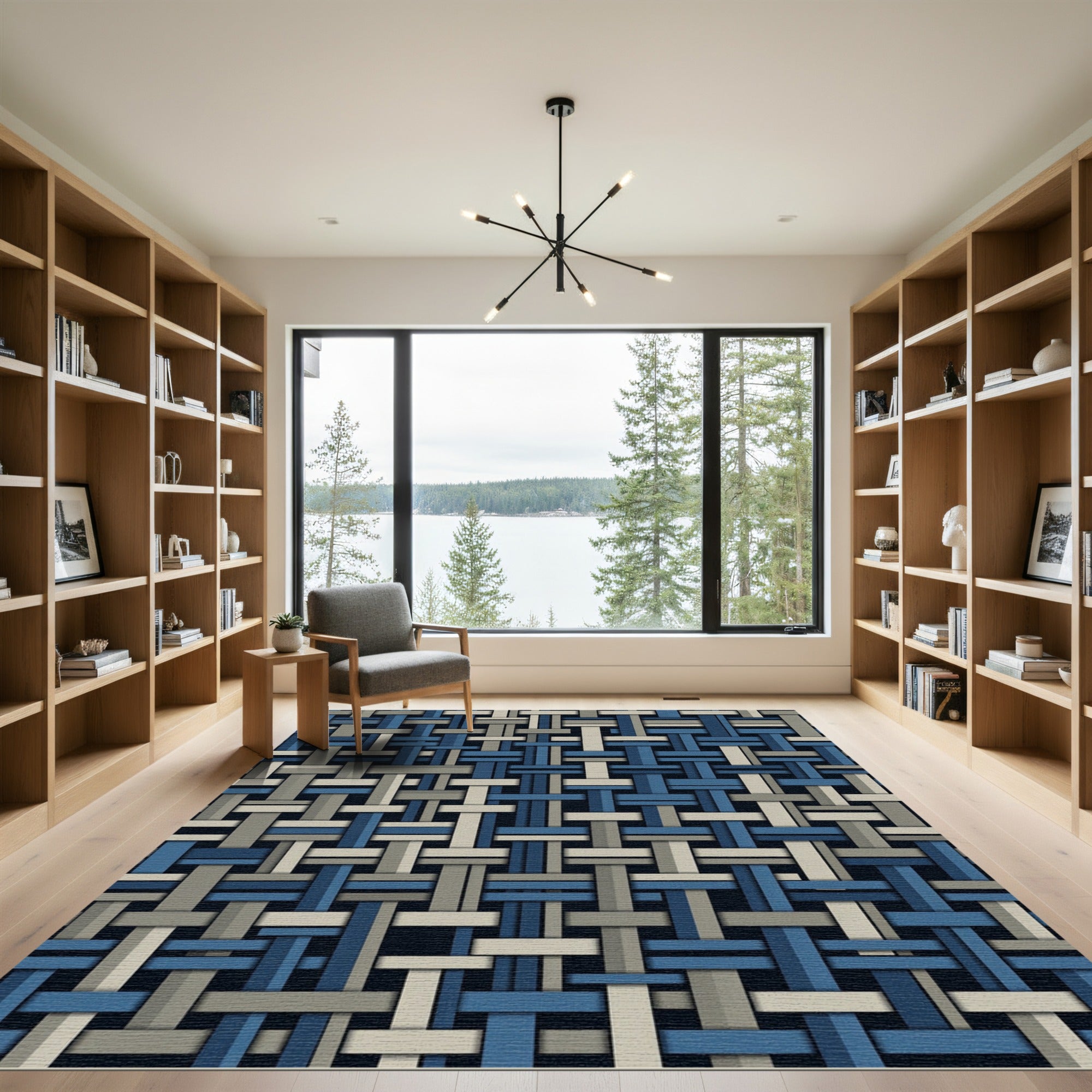 Navy and Beige Woven Grid Texture Rug