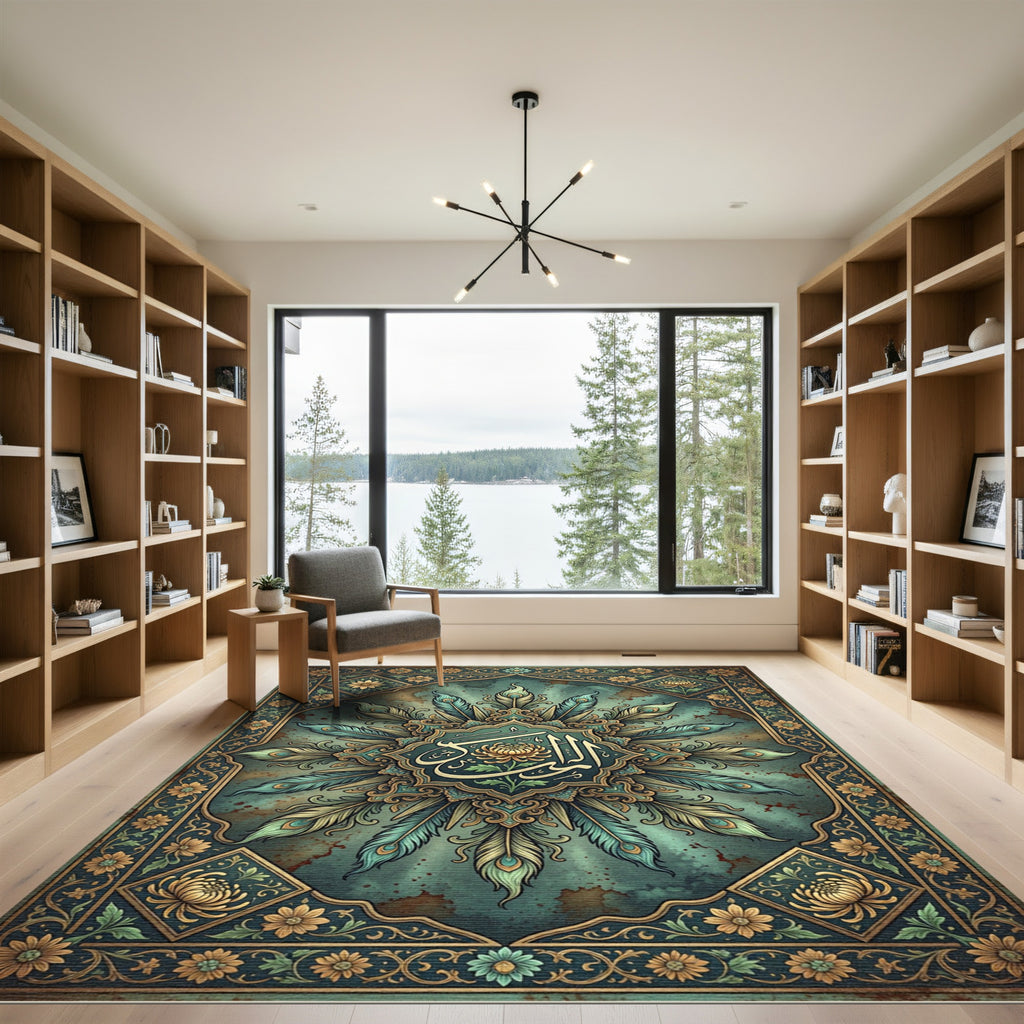 Arched Peacock Feather Gold Floral Medallion Rug