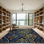 Elegant Navy and Gold Damask Swirl Rug