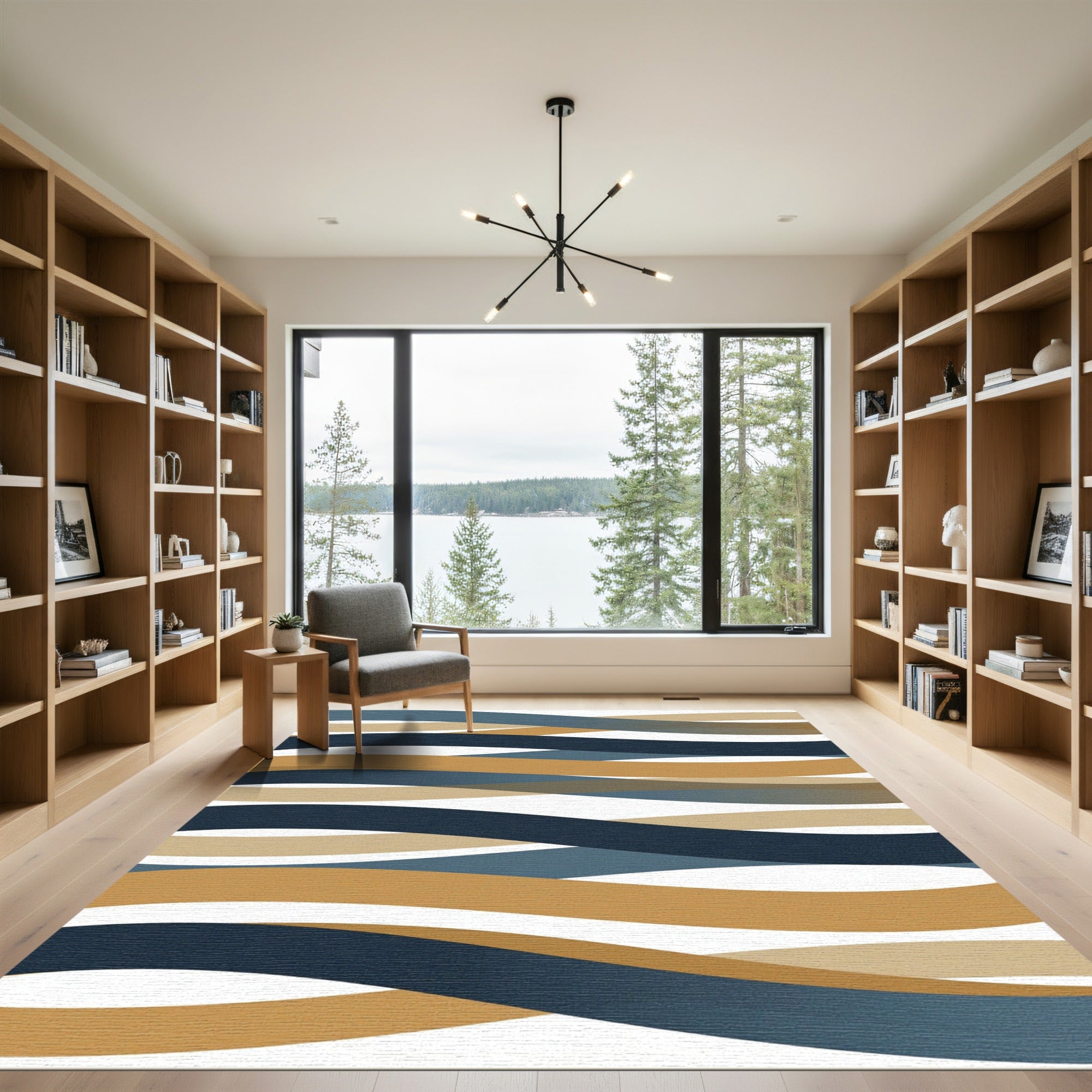 Contemporary Blue Ochre Wavy Ribbons Rug