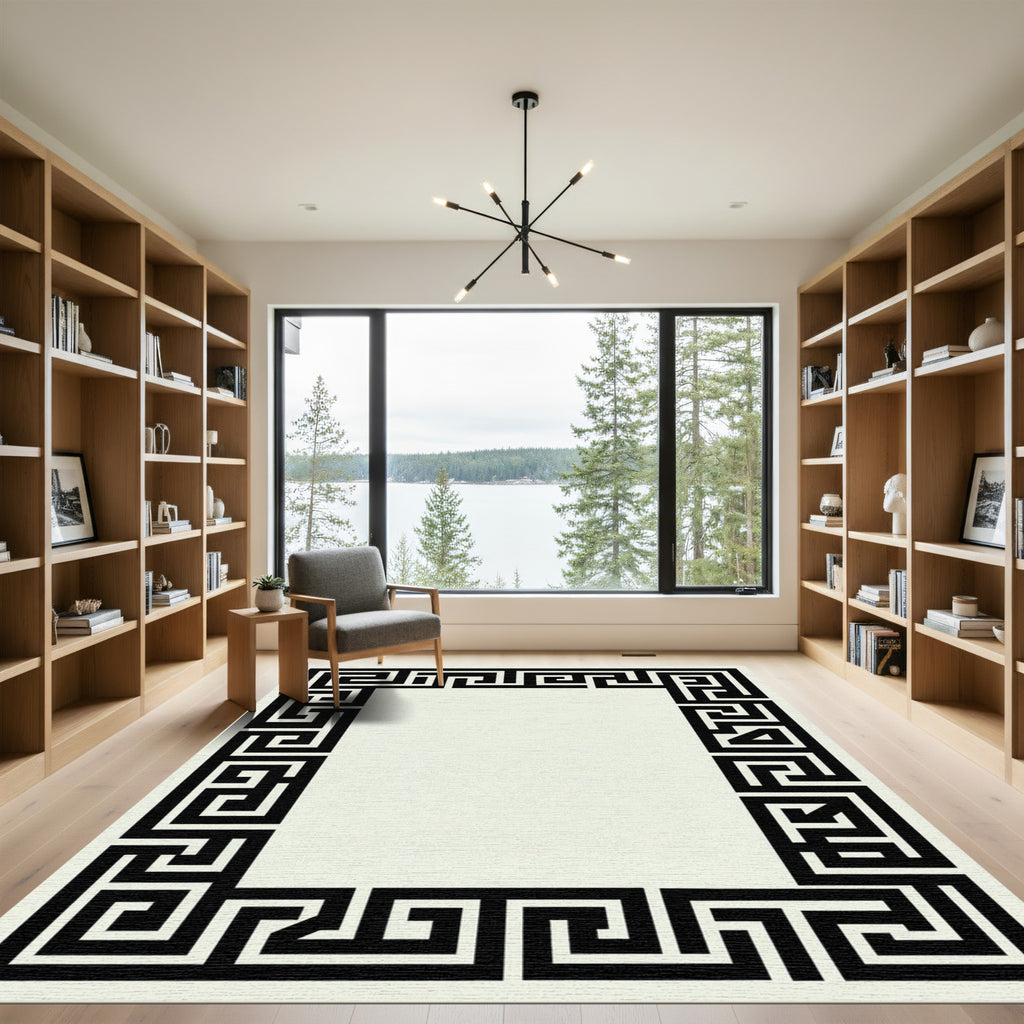 Black Geometric Maze Border Rug