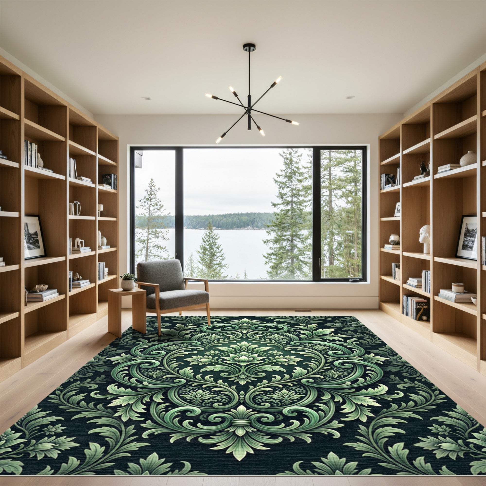 Emerald Green Damask Scrollwork Floral Rug