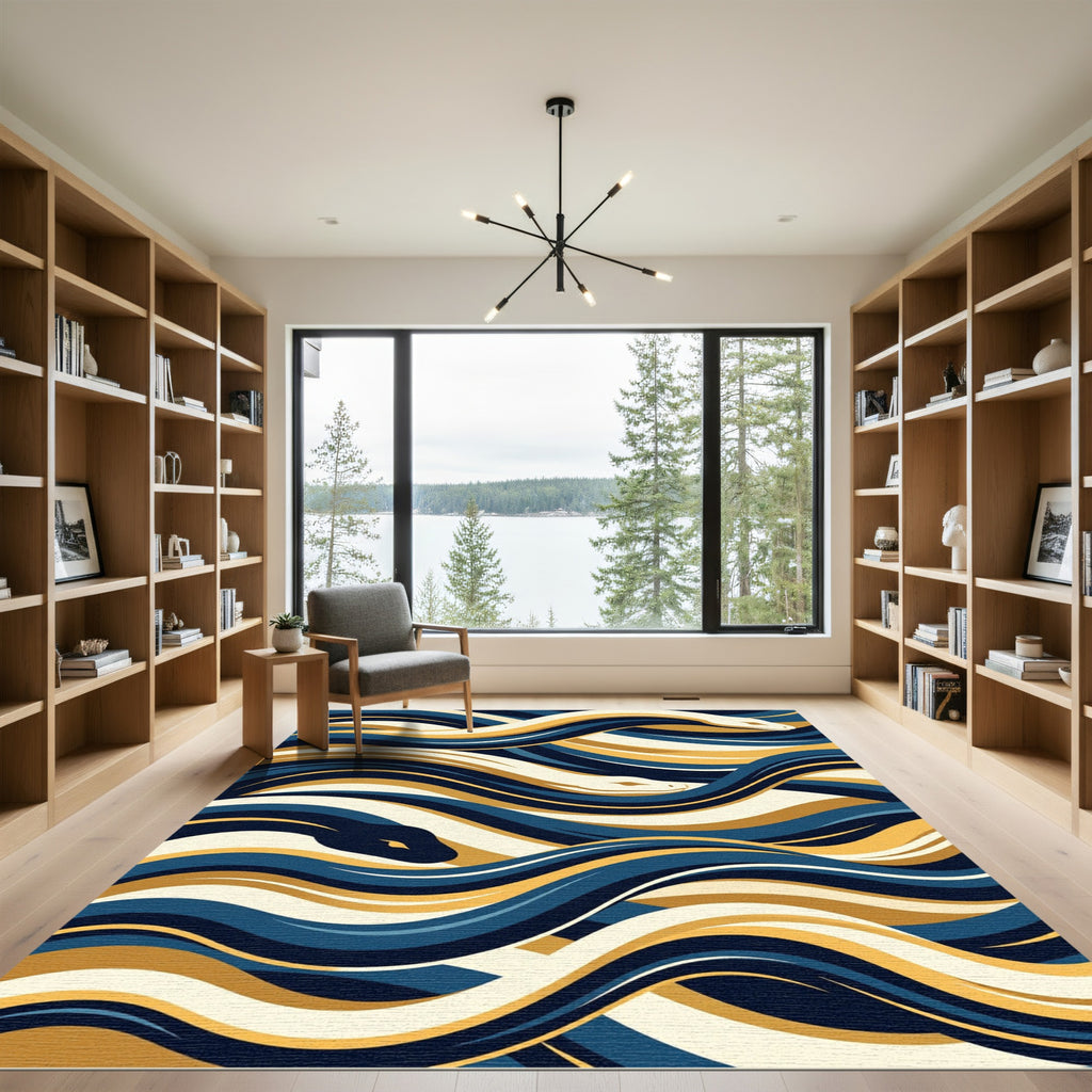 Wavy Serpent Abstract Blue Gold Rug