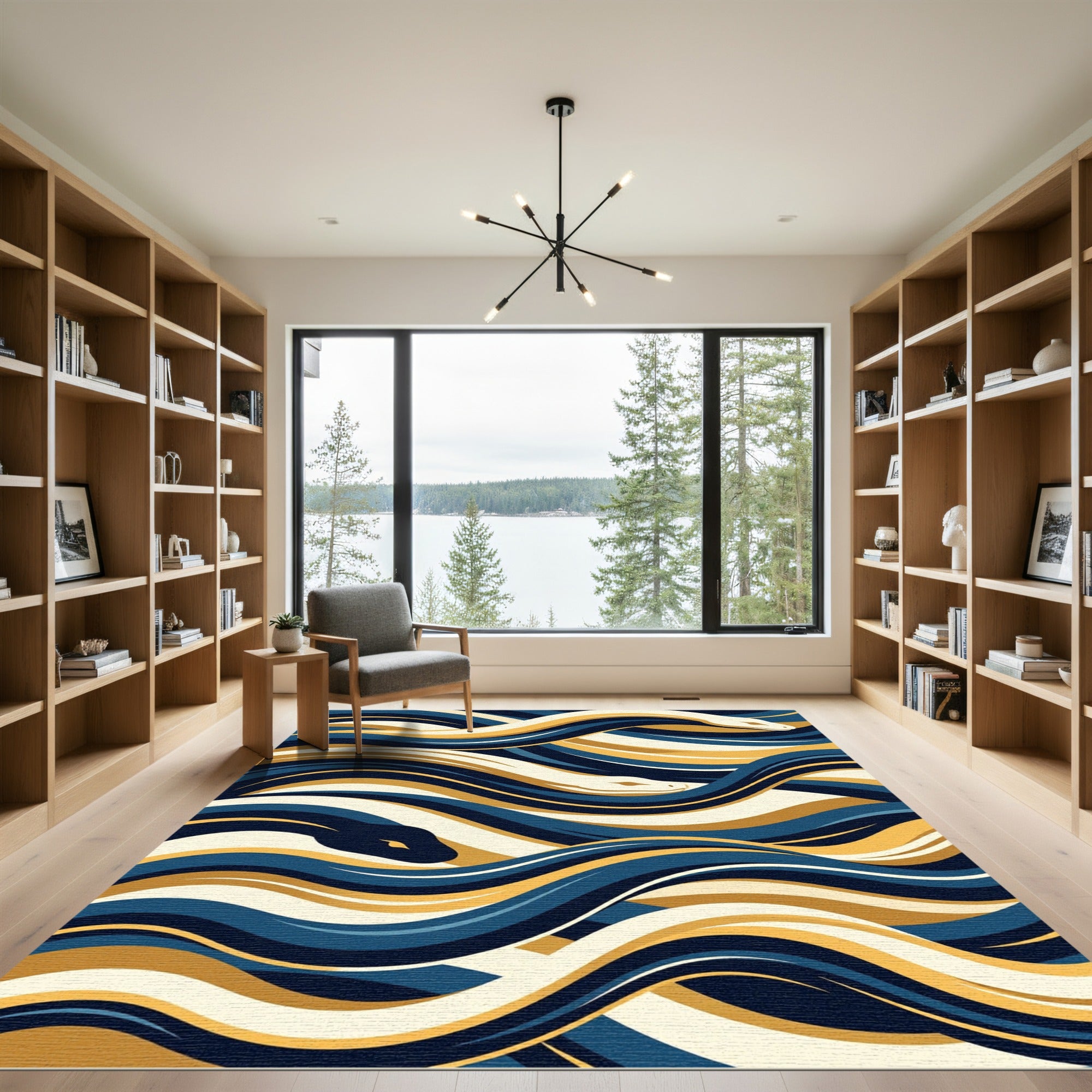 Wavy Serpent Abstract Blue Gold Rug
