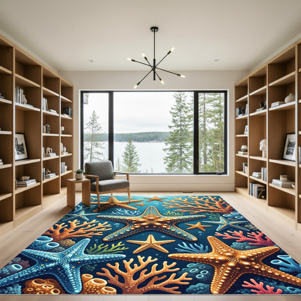 Vibrant Starfish Coral Underwater Scene Rug