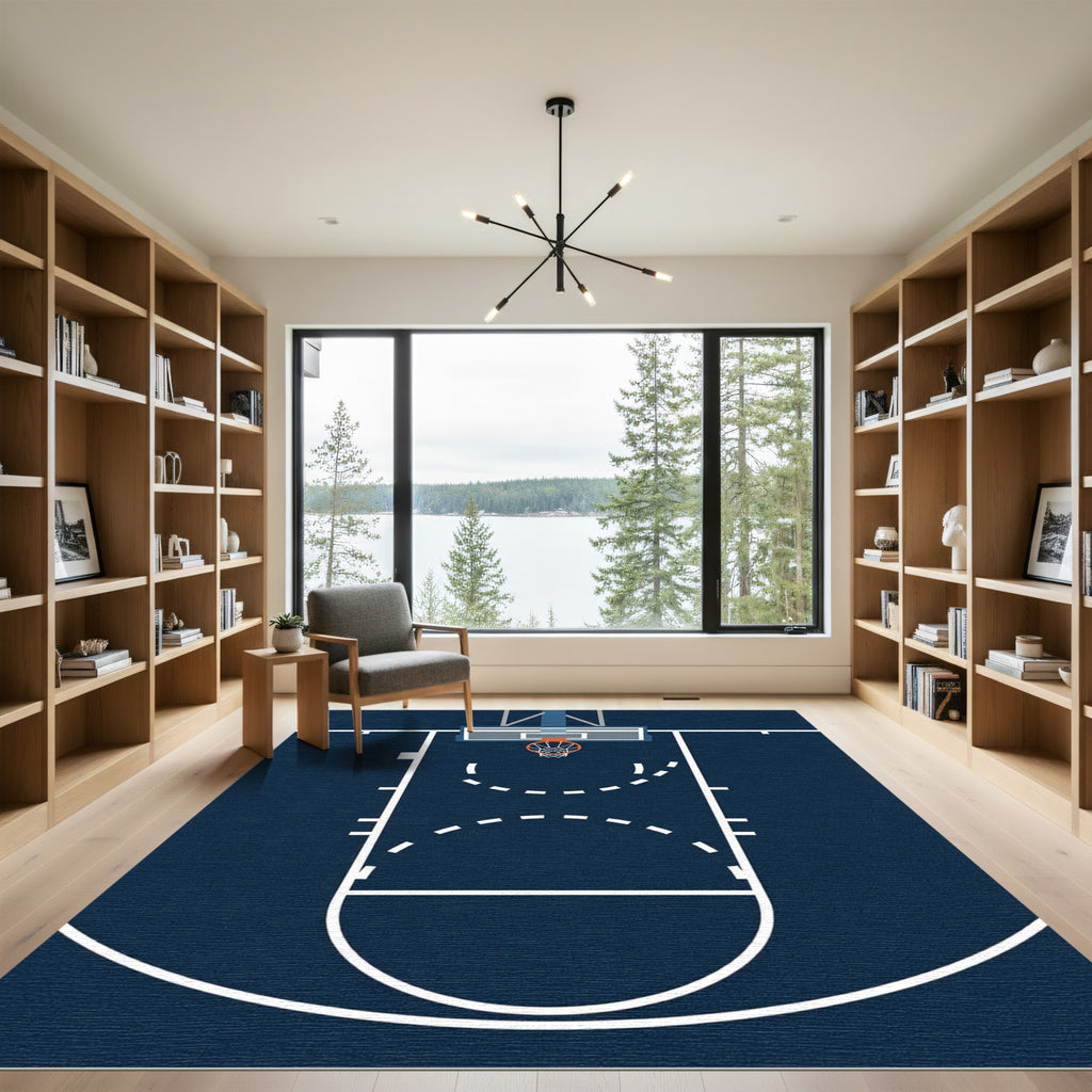 Minimalist Navy Blue Basketball Court Graphic Rug