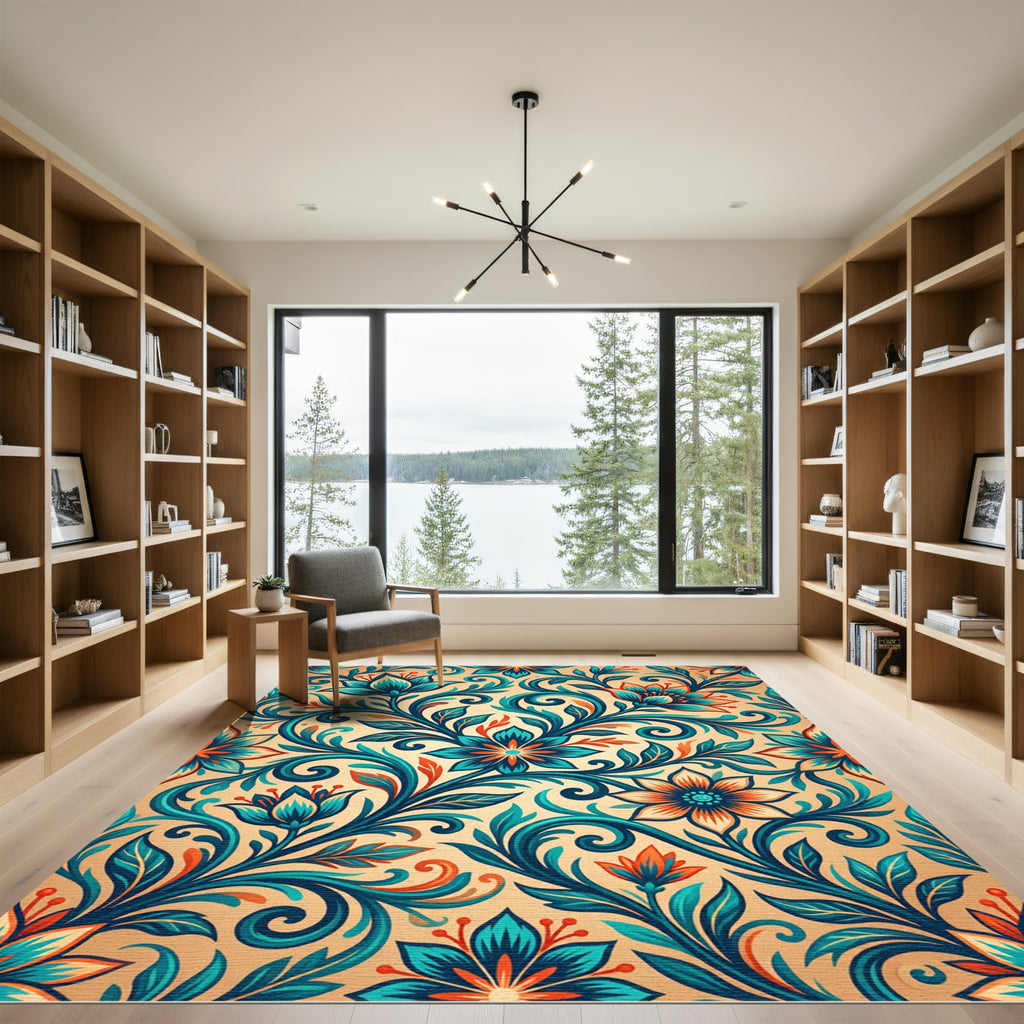 Teal and Orange Ornate Floral Scroll Rug