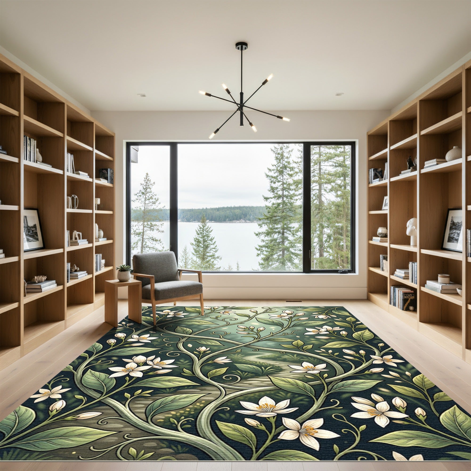 Elegant White Blossom Green Botanical Vine Rug