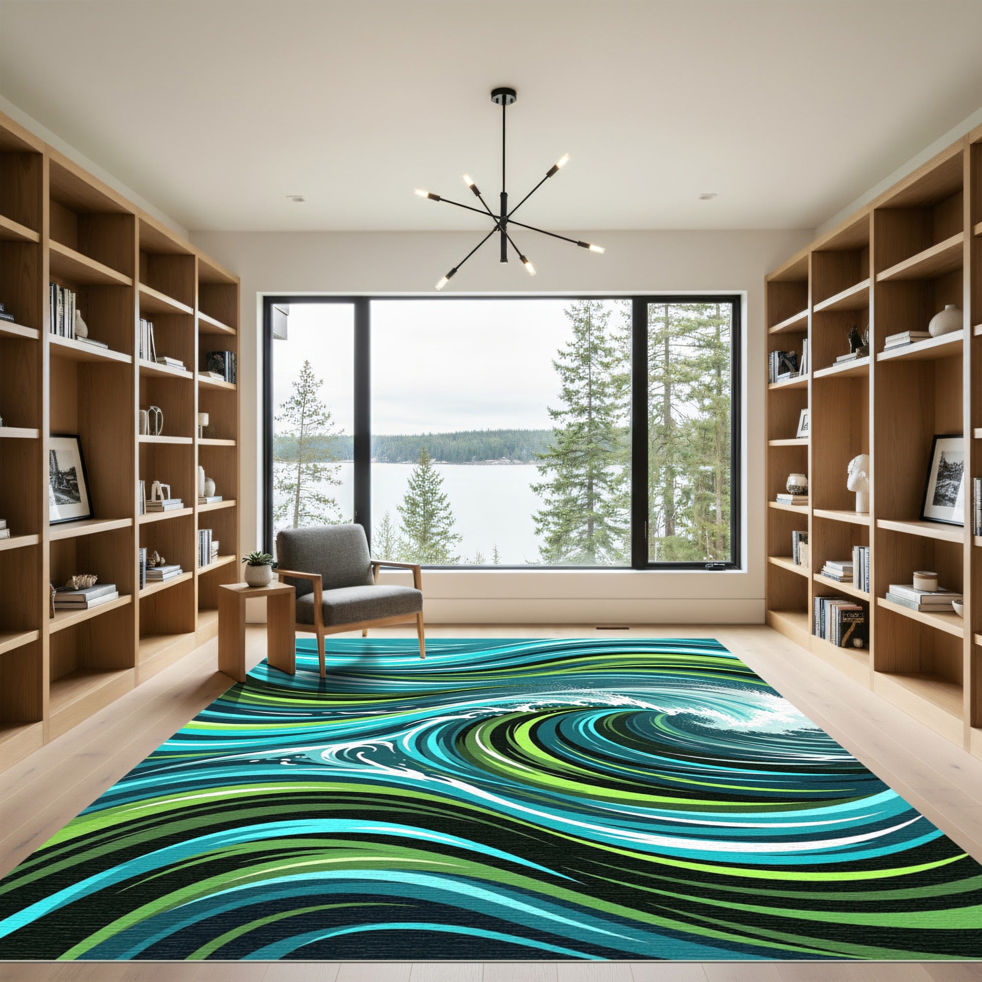 Abstract Swirling Aqua and Lime Wave Rug