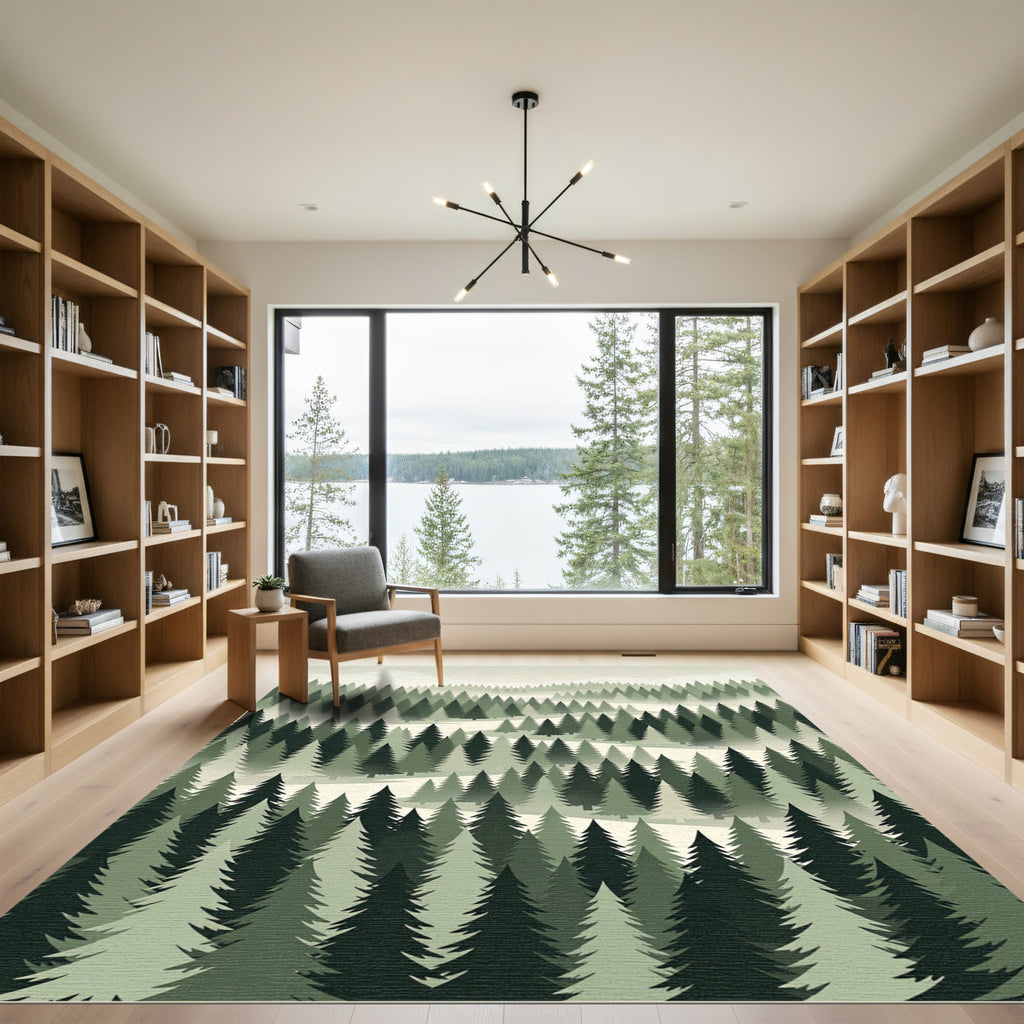 Misty Forest Pine Woodland Landscape Rug