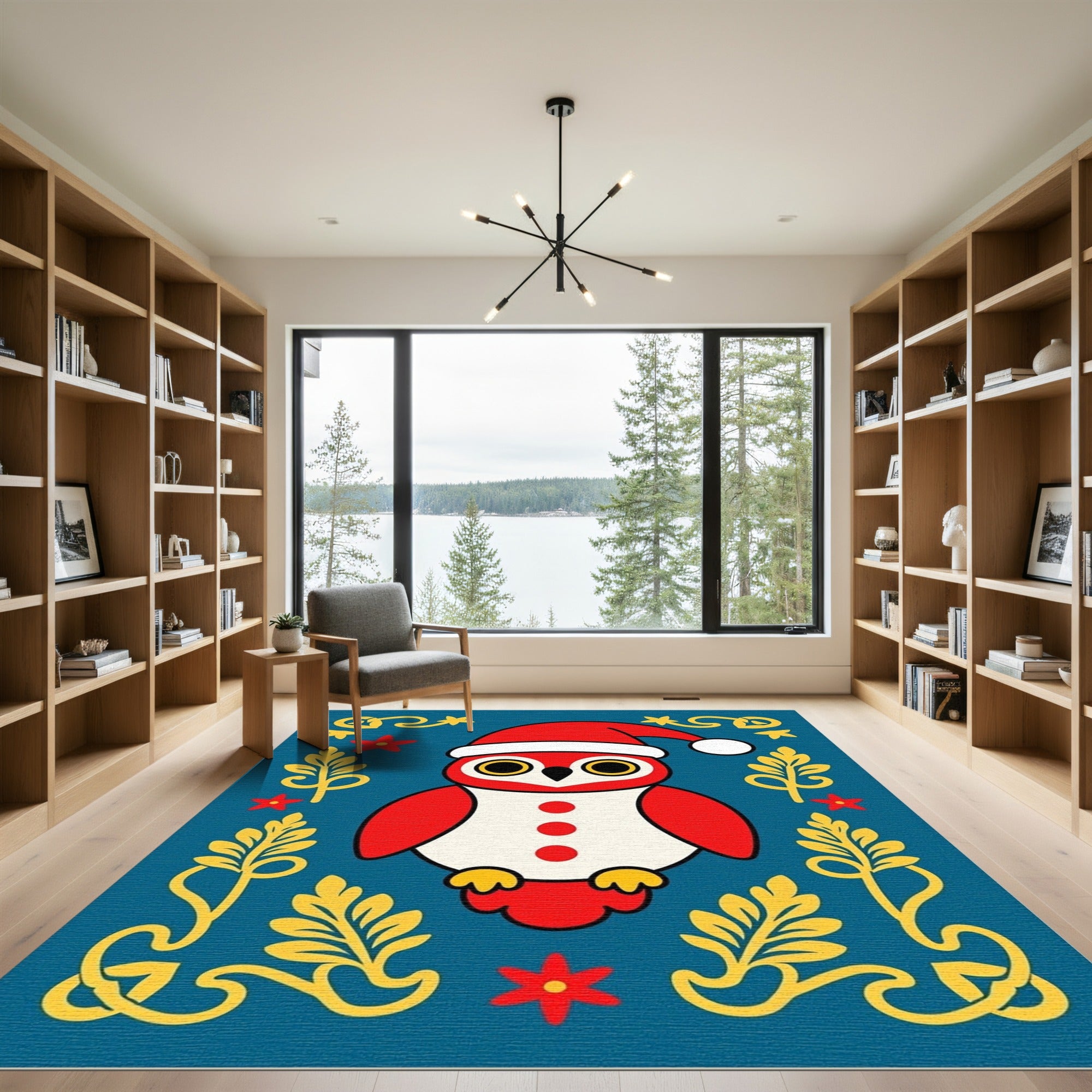 Whimsical Red Owl Christmas Folk Art Rug