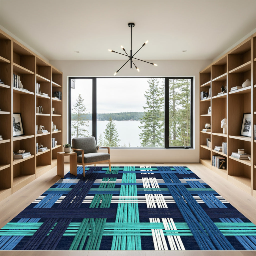 Woven Blue and Teal Grid Line Rug
