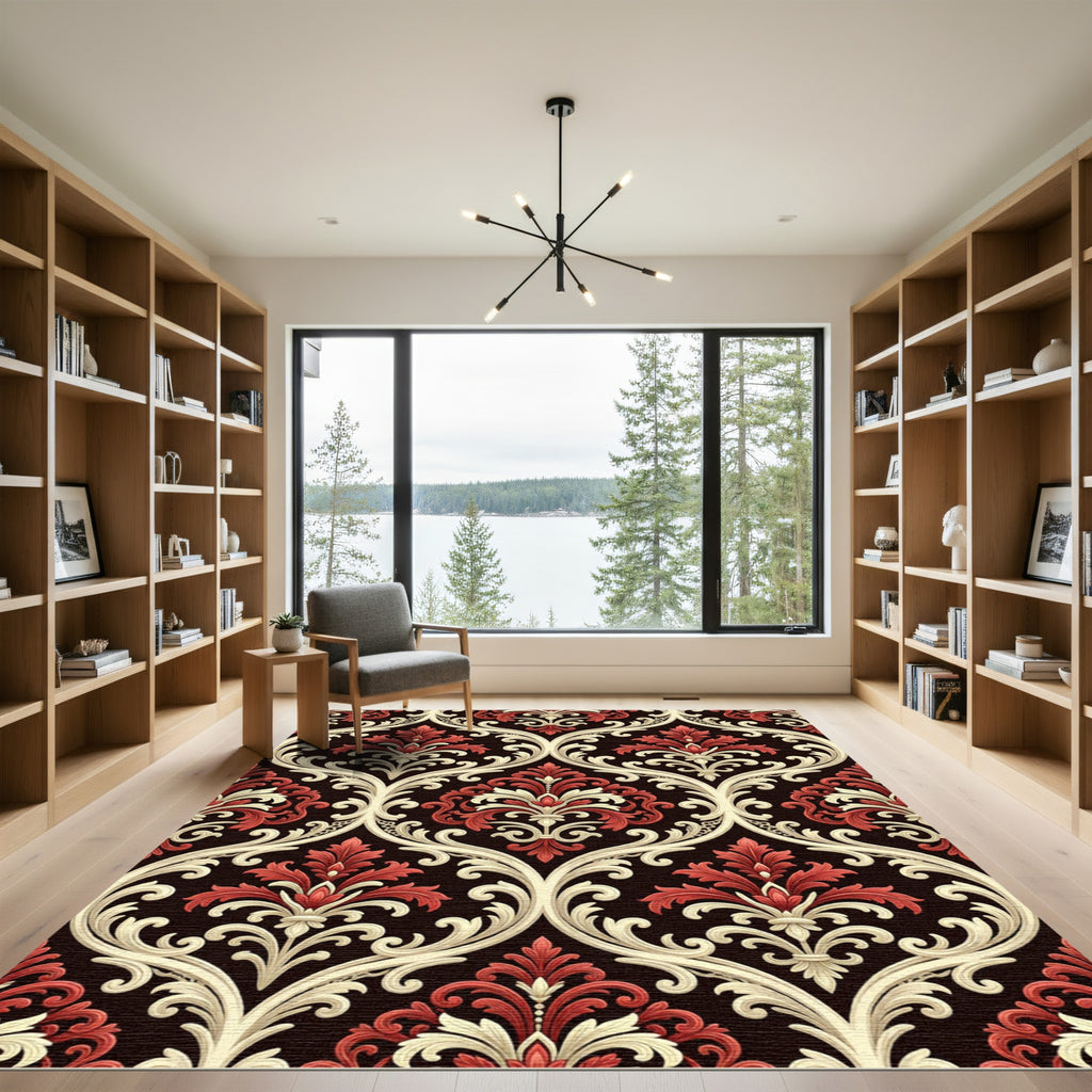Crimson Ivory Damask Scrollwork Rug