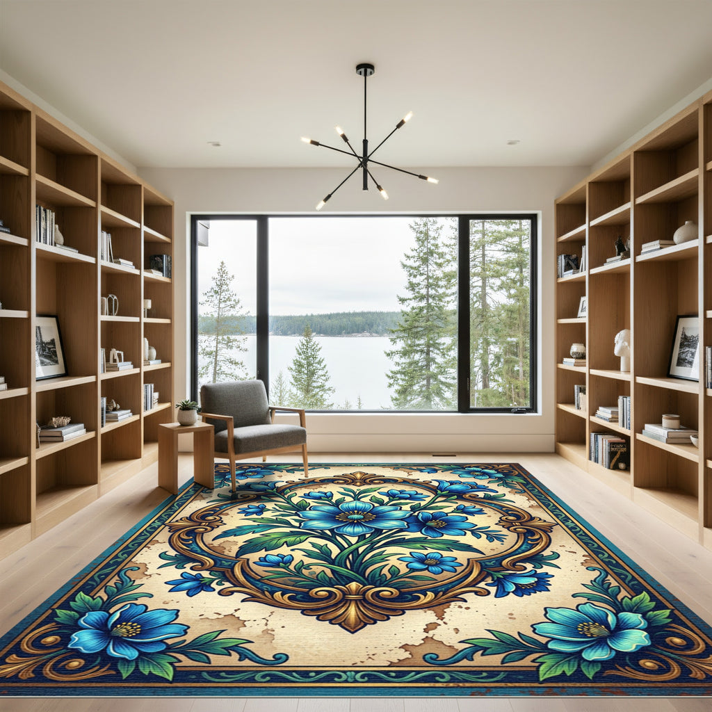 Elegant Blue Floral Baroque Medallion Rug