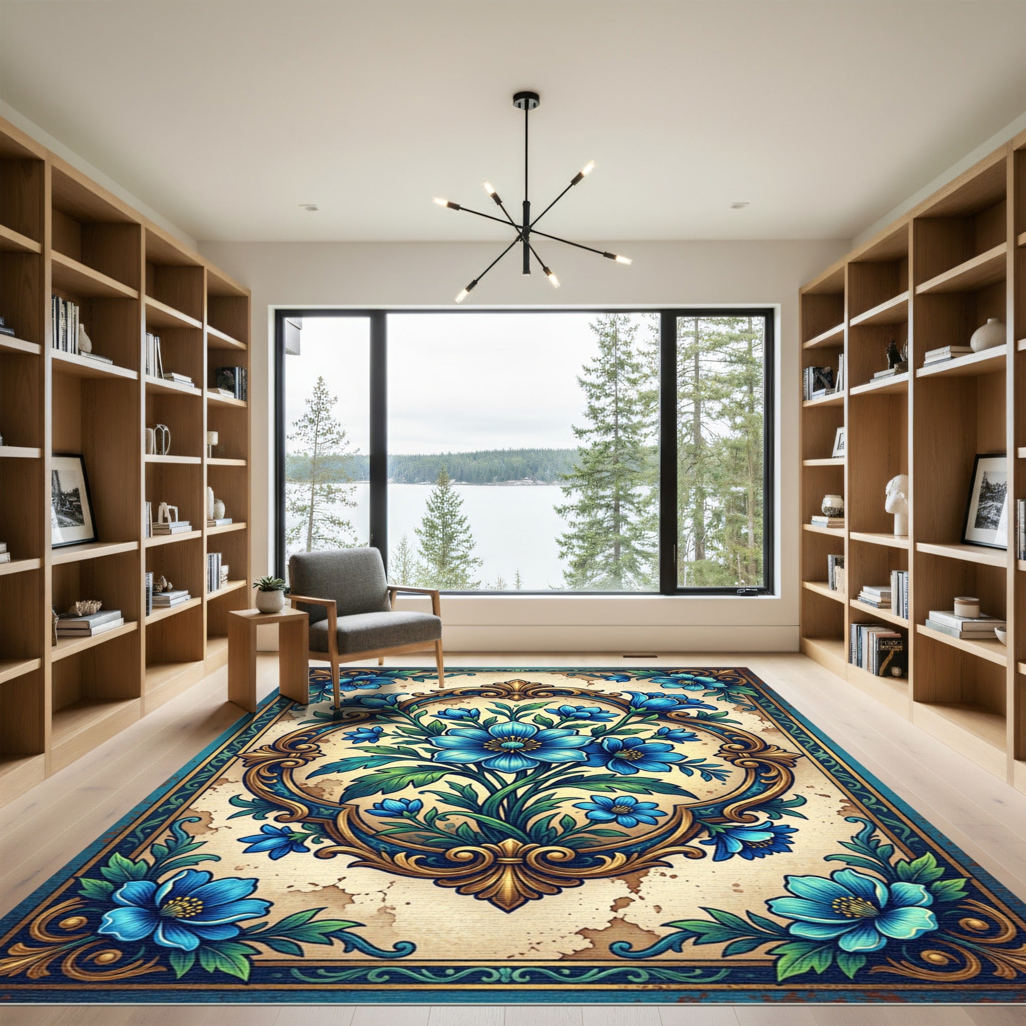 Elegant Blue Floral Baroque Medallion Rug