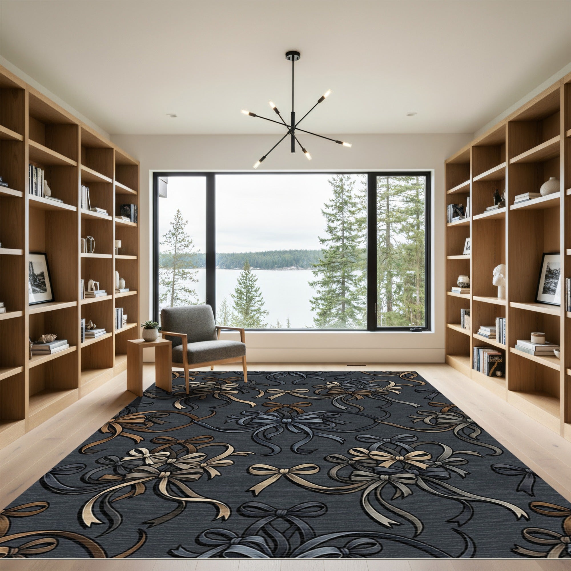 Elegant Dark Gray Ribbon Bow Garland Rug