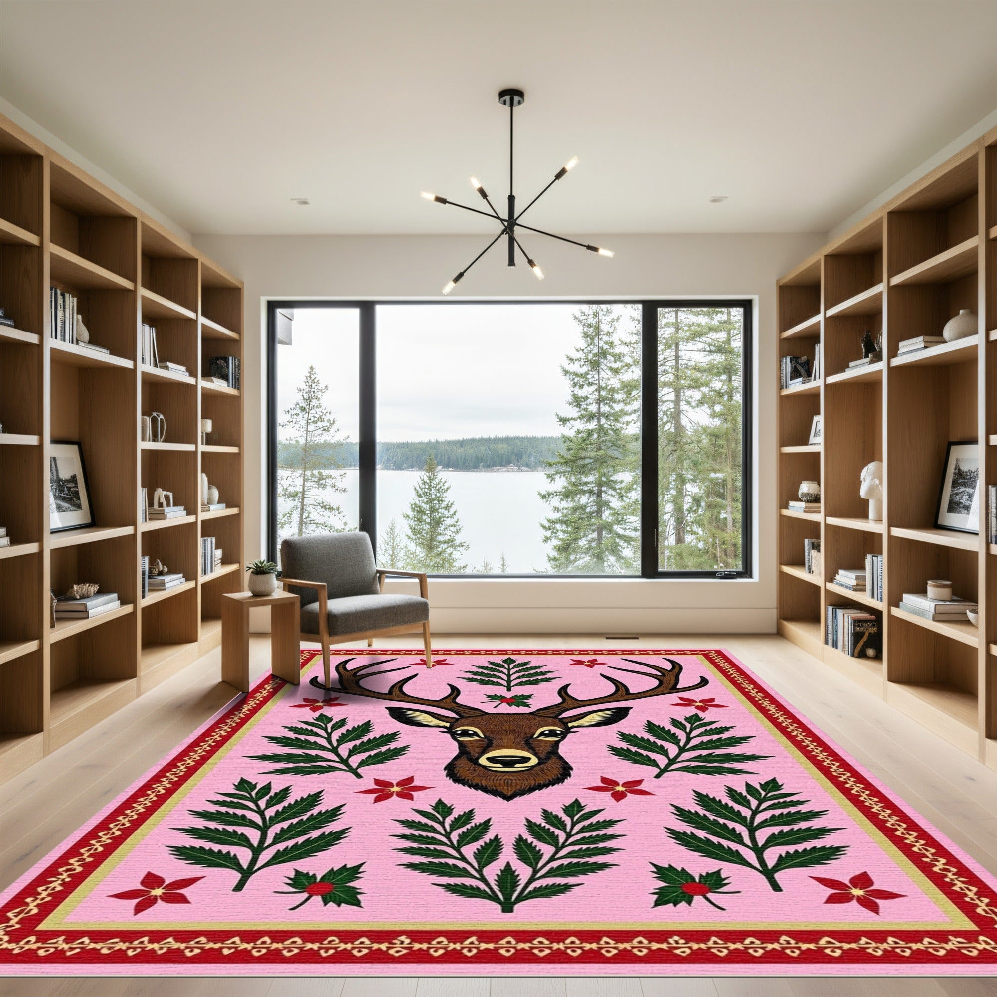 Pink Deer Floral Fern Border Rug