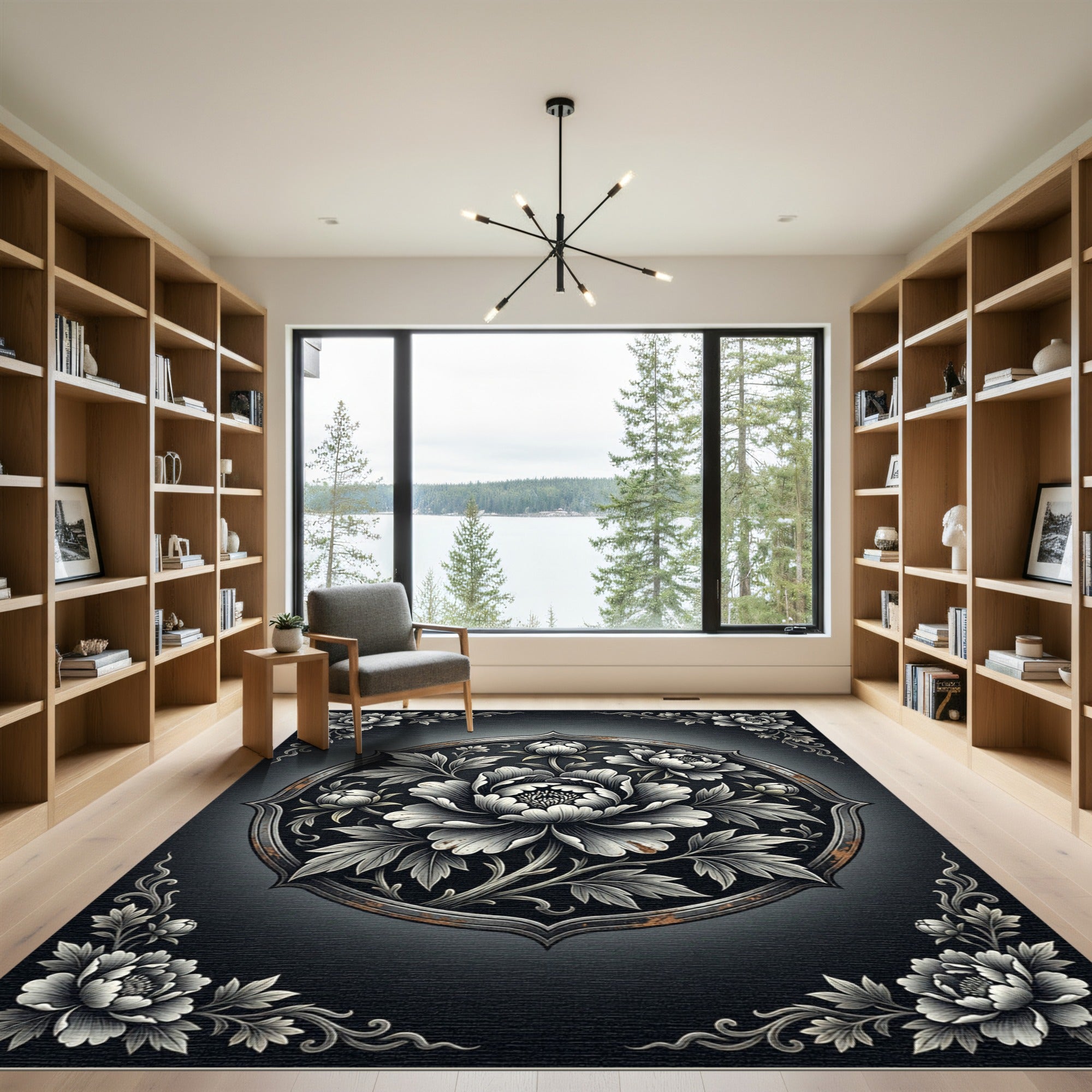 Monochromatic Embellished Peony Circular Medallion Rug