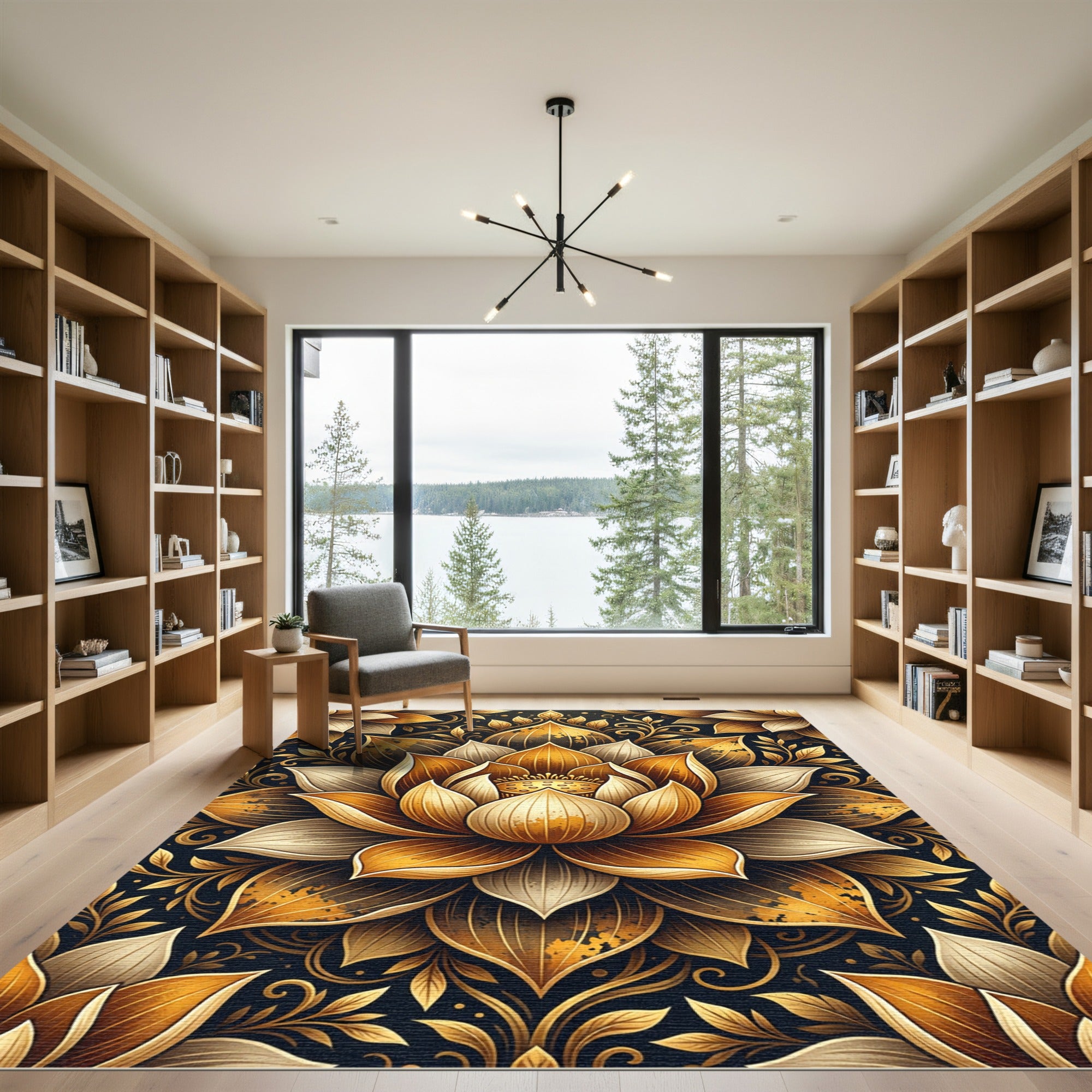 Golden Lotus Floral Mandala Art Rug