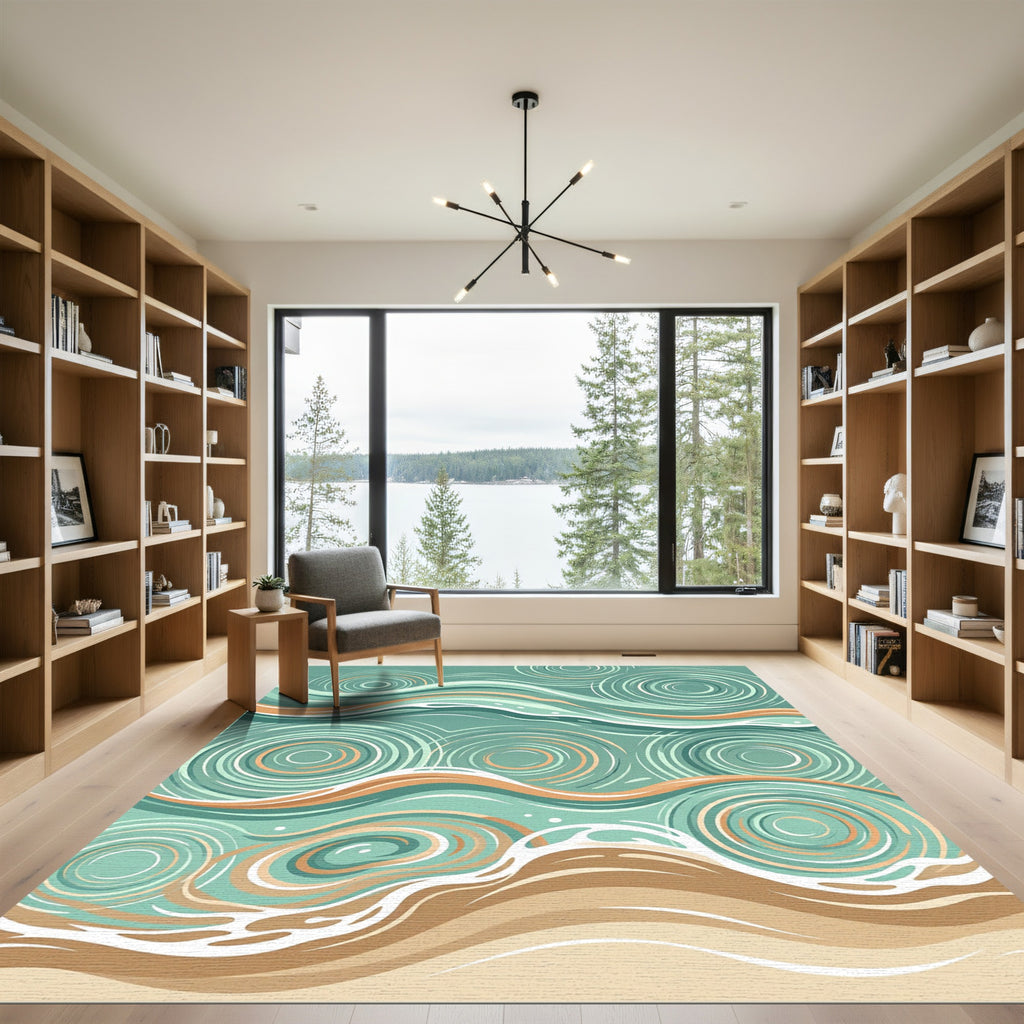 Abstract Teal Ripple and Sand Swirl Rug