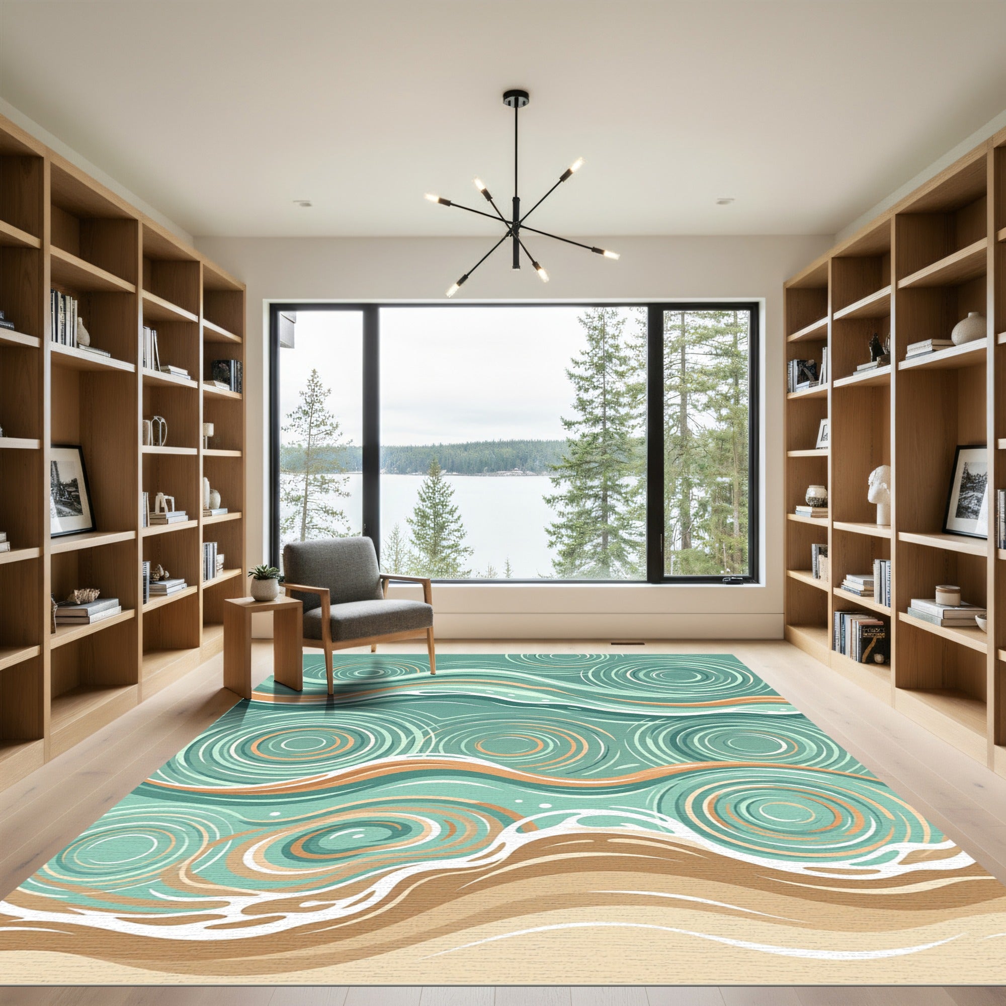Abstract Teal Ripple and Sand Swirl Rug